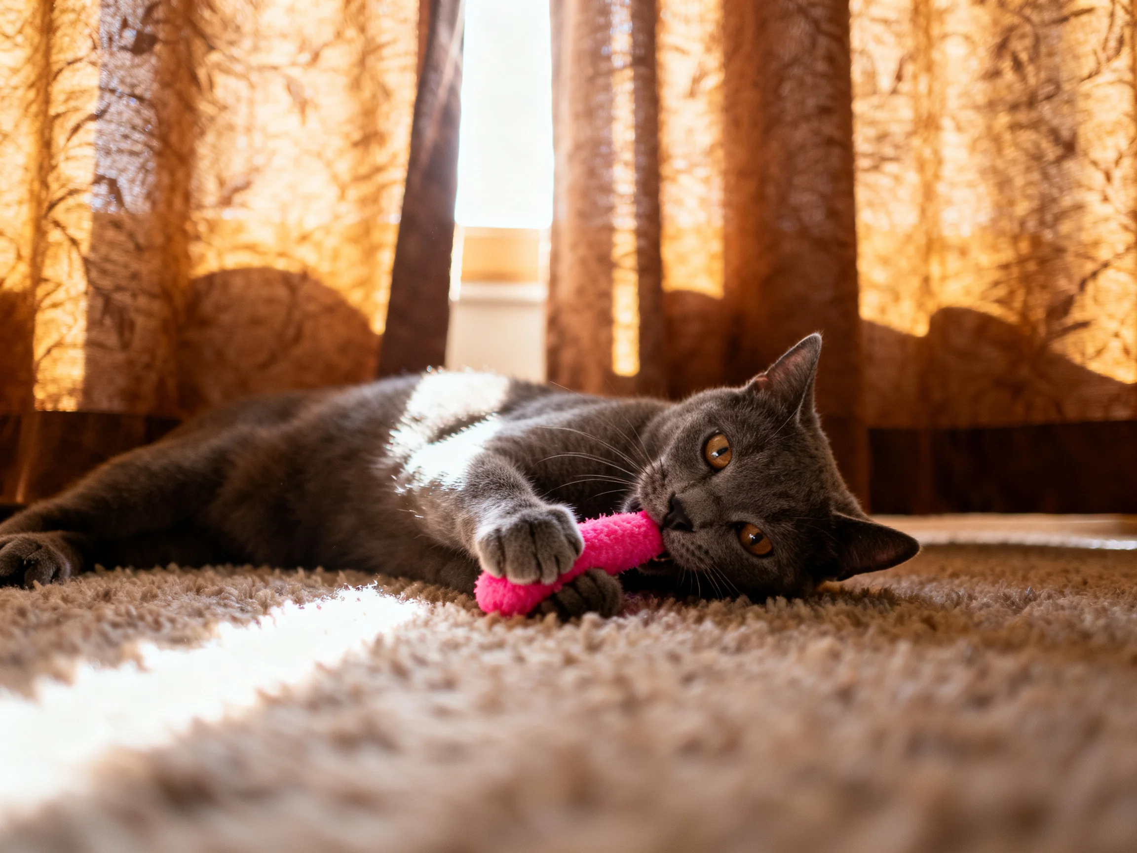 A gray cat plays with a pink toy on a carpet near patterned curtains