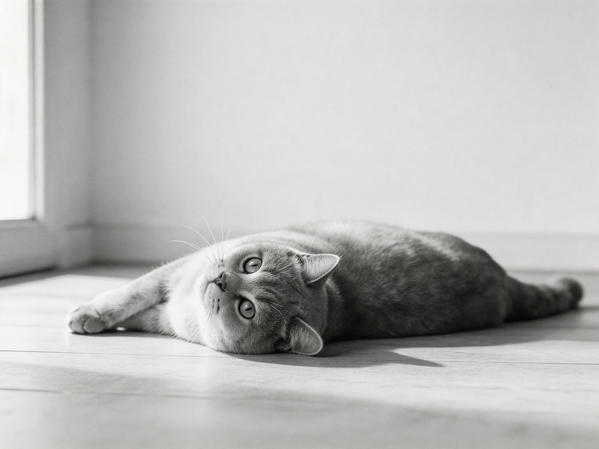 A gray cat reclines on a smooth wooden floor near a window