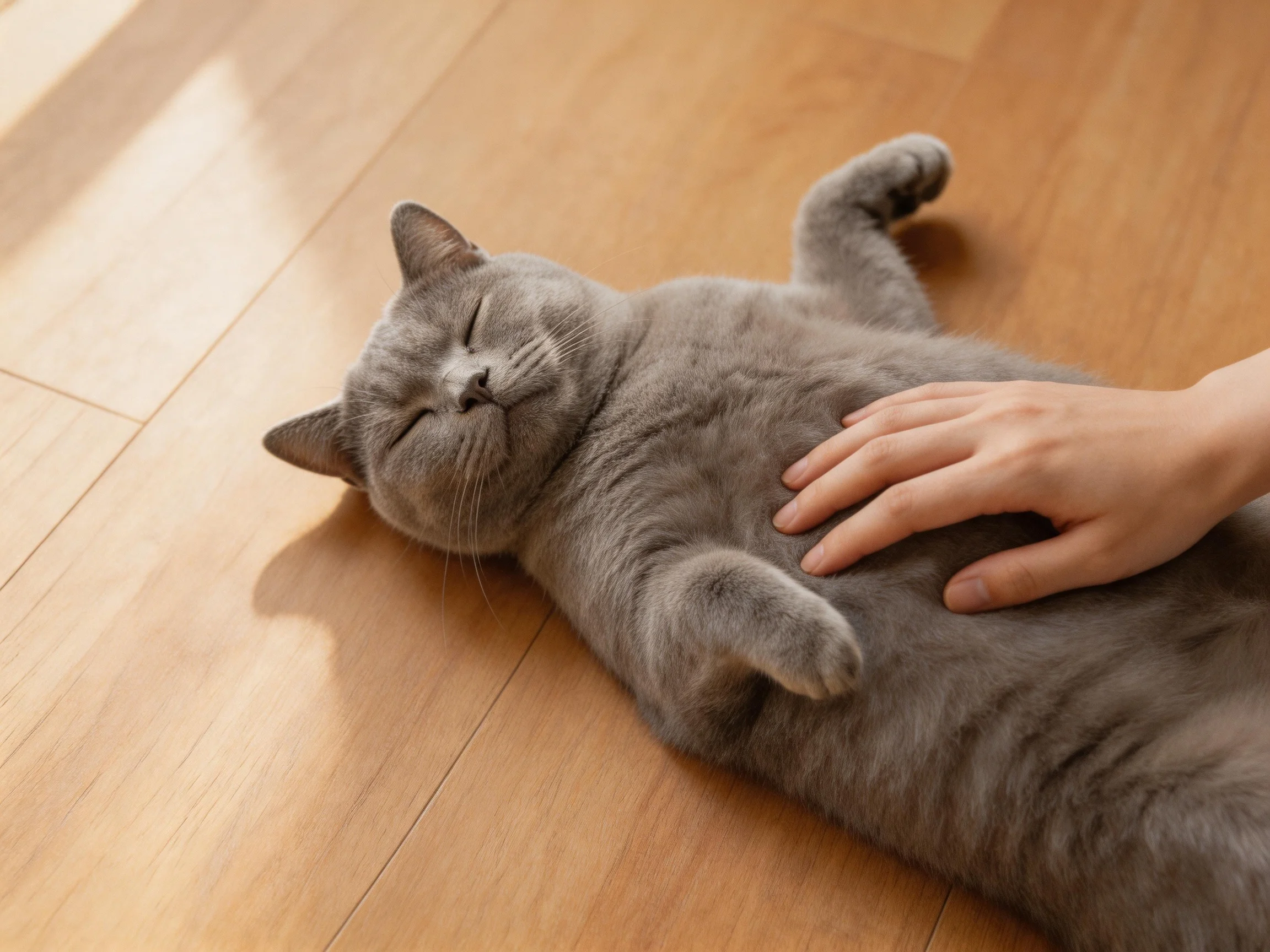 A gray cat relaxed on a wooden floor with a hand petting