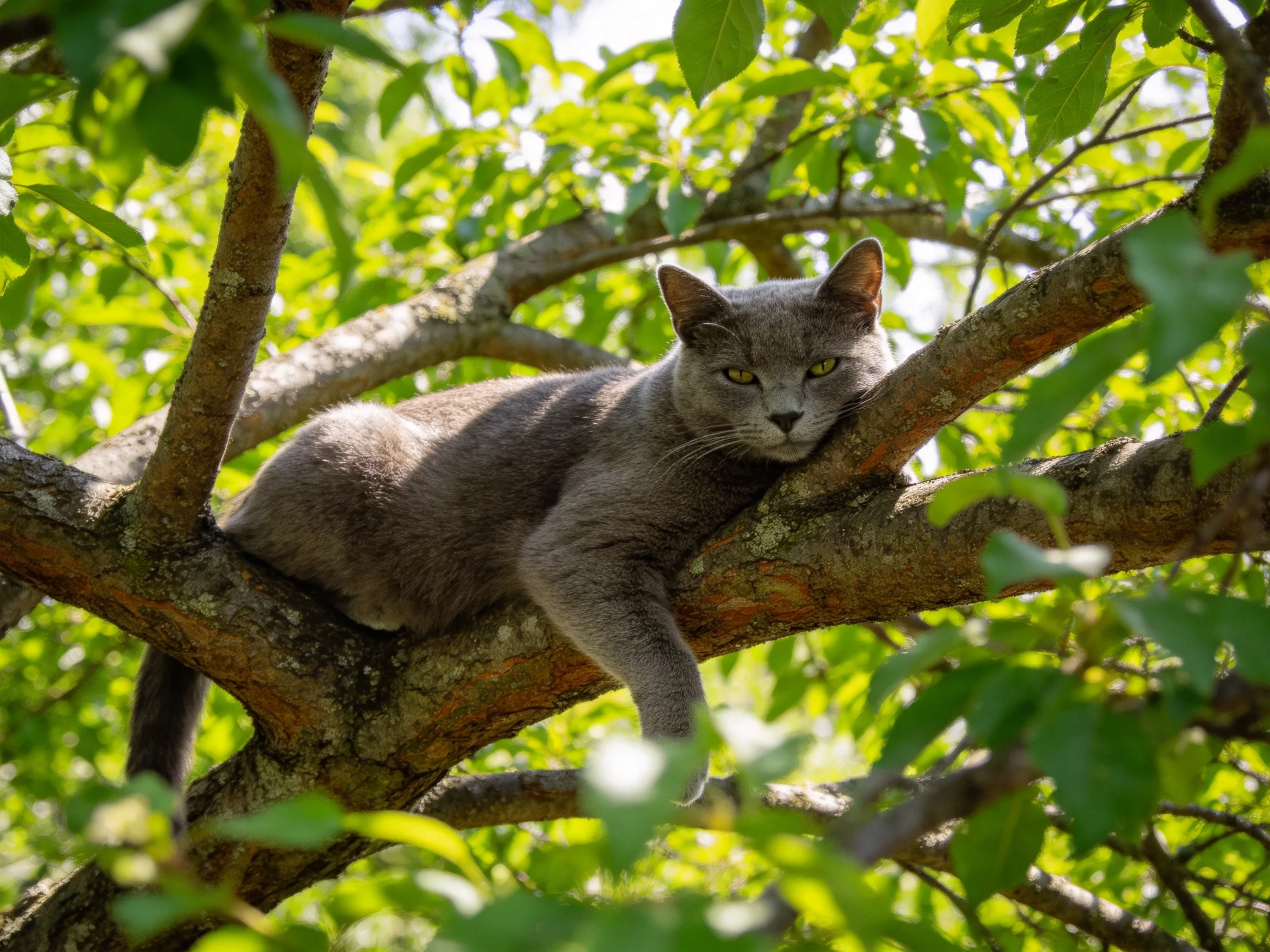 A gray cat relaxes on a tree branch in a leafy, sunlit environment.