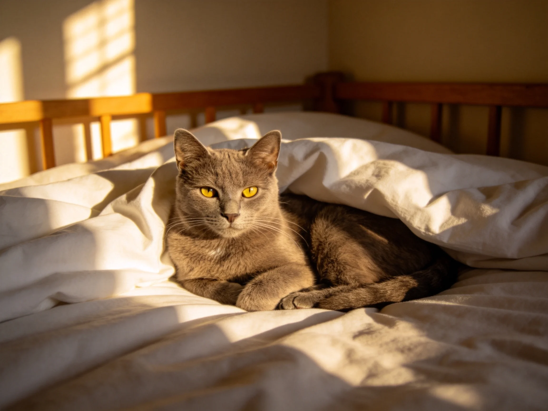 A gray cat resting on a white bed under golden sunlight