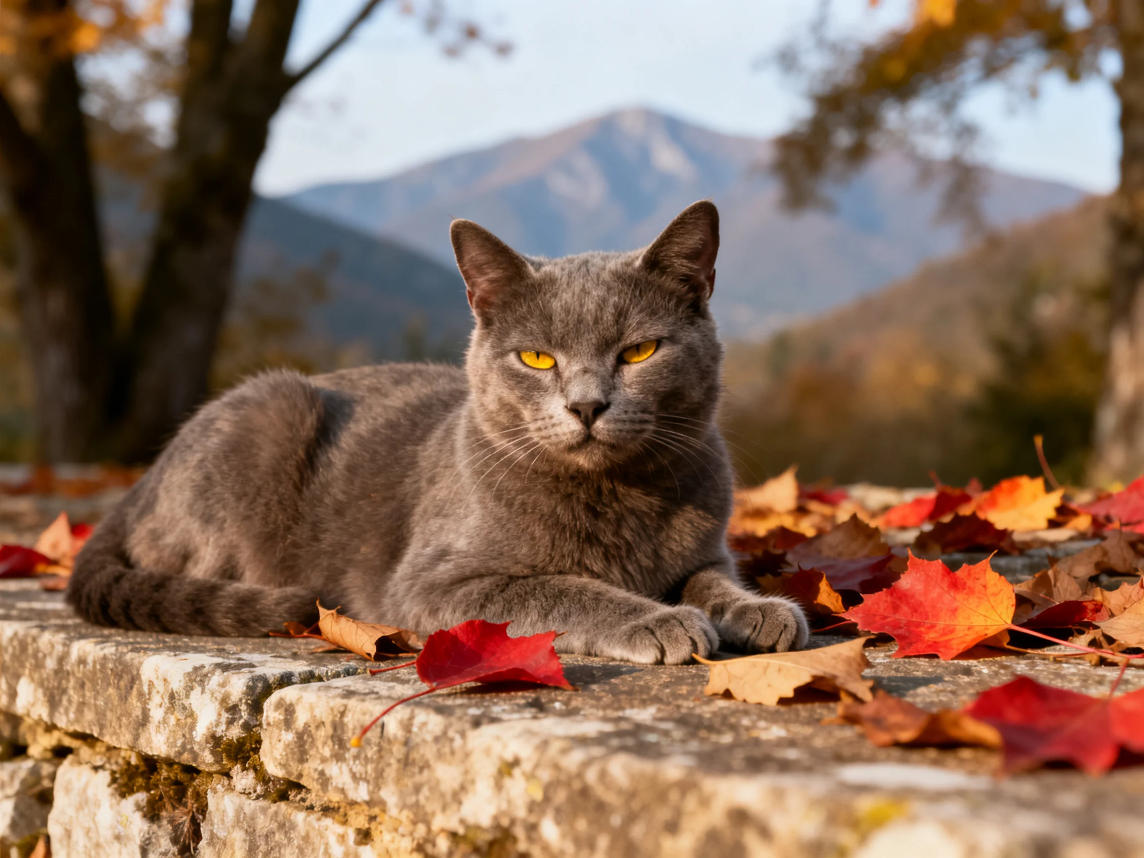 A gray cat relaxes amid vibrant fall foliage on a stone ledge.