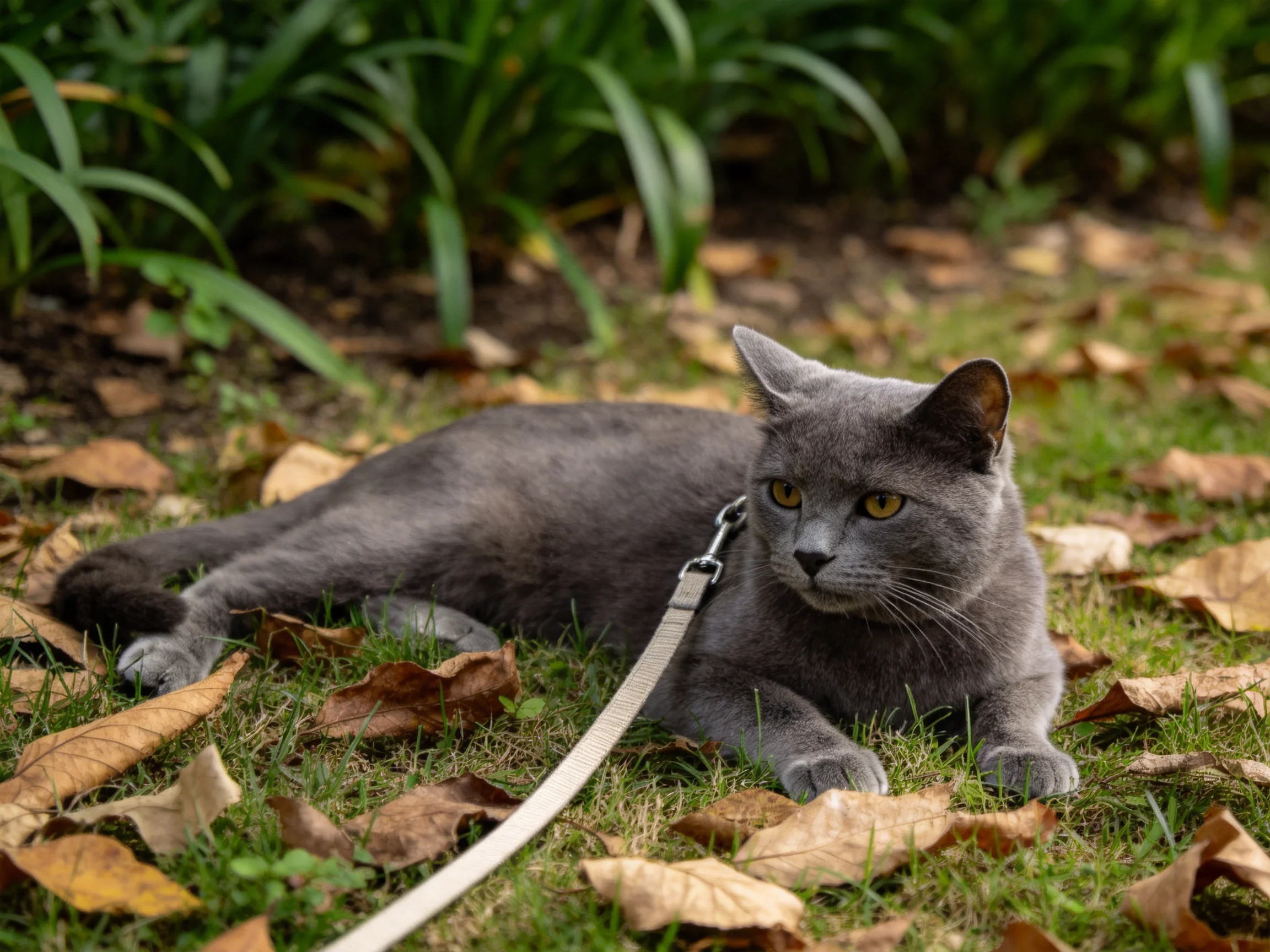A gray cat relaxes on grass surrounded by fallen leaves.