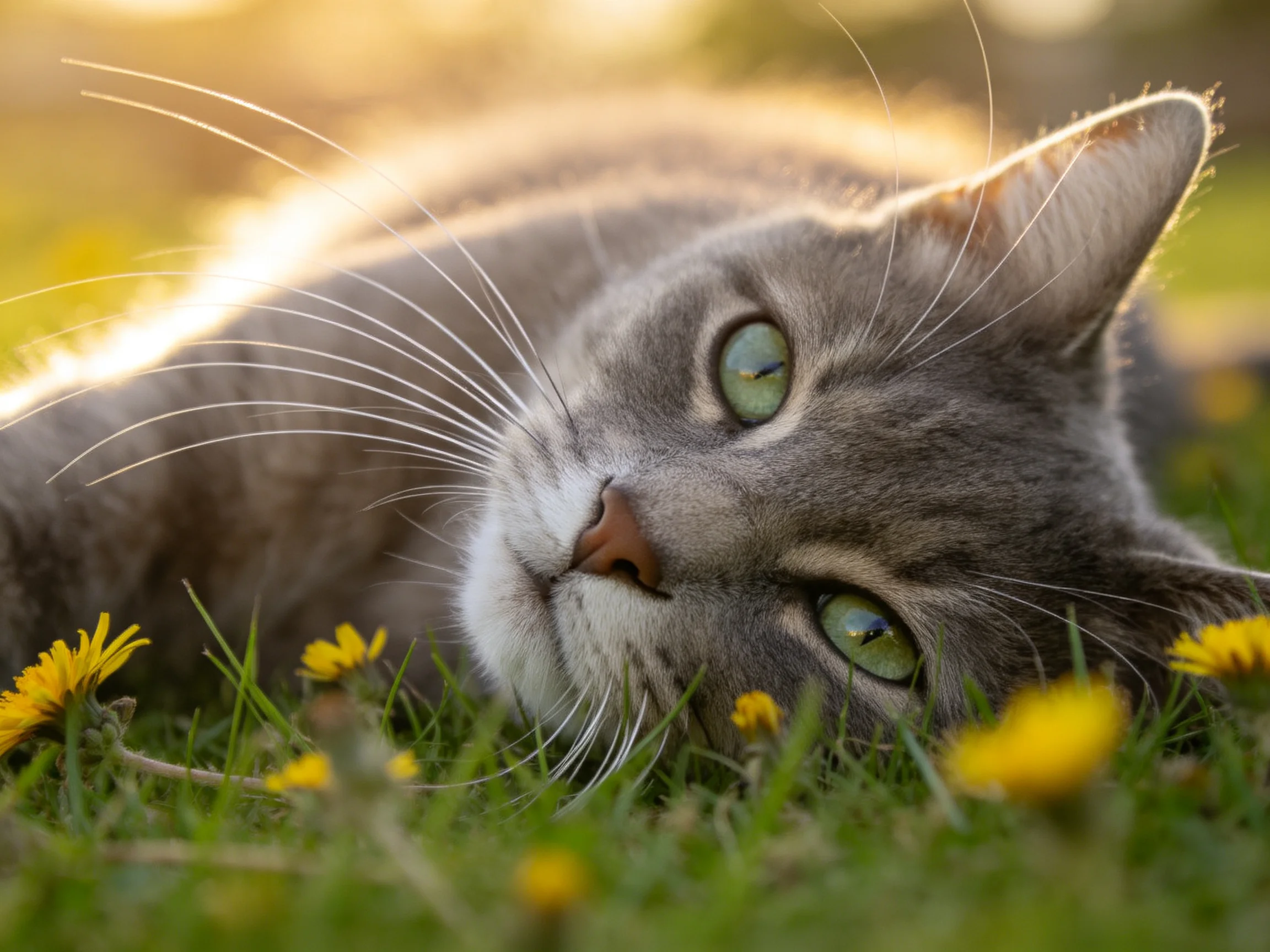 A gray cat lies on grass with yellow flowers in bright sunlight.