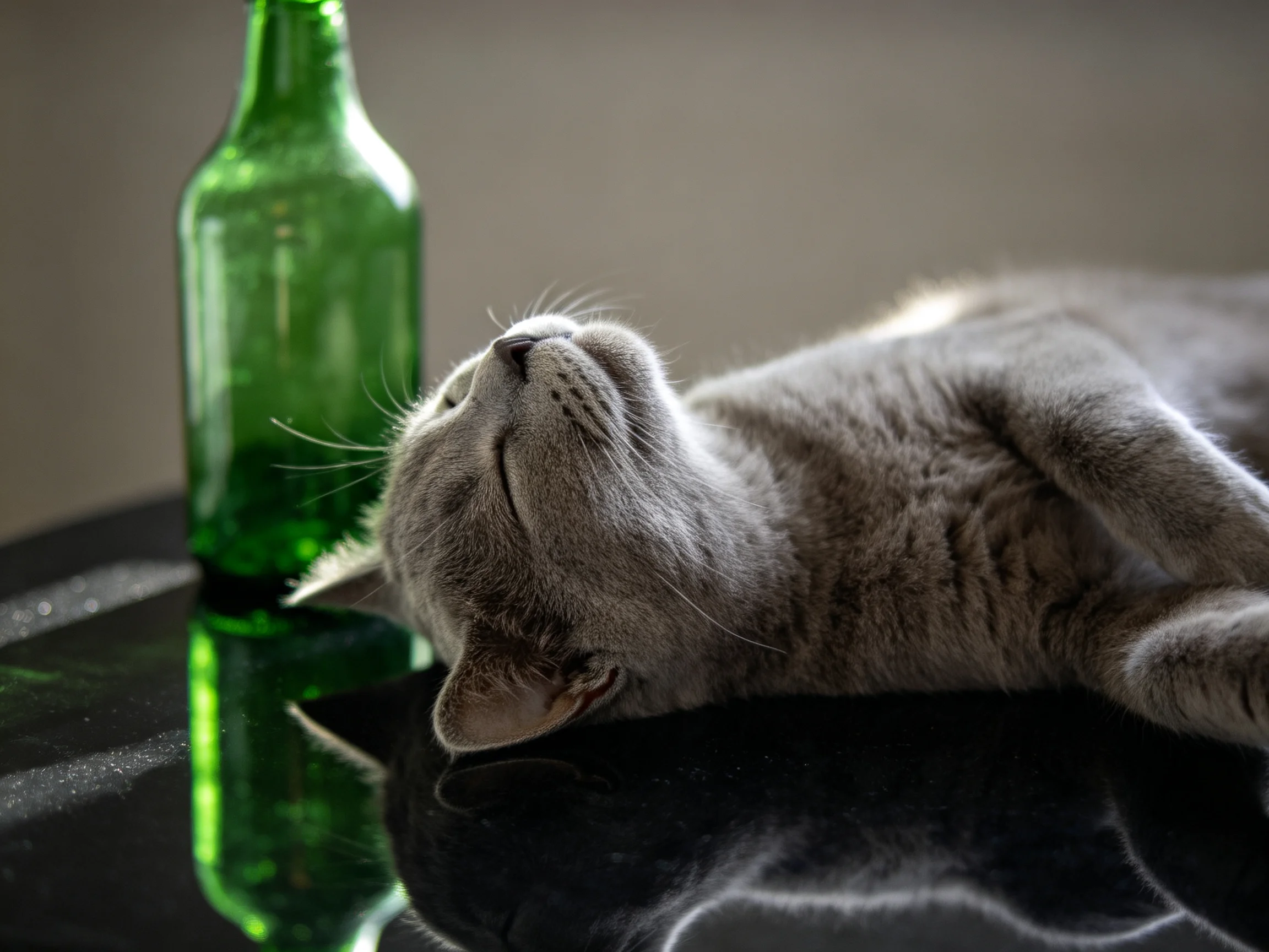 A gray cat lies near a green bottle on a glossy table.