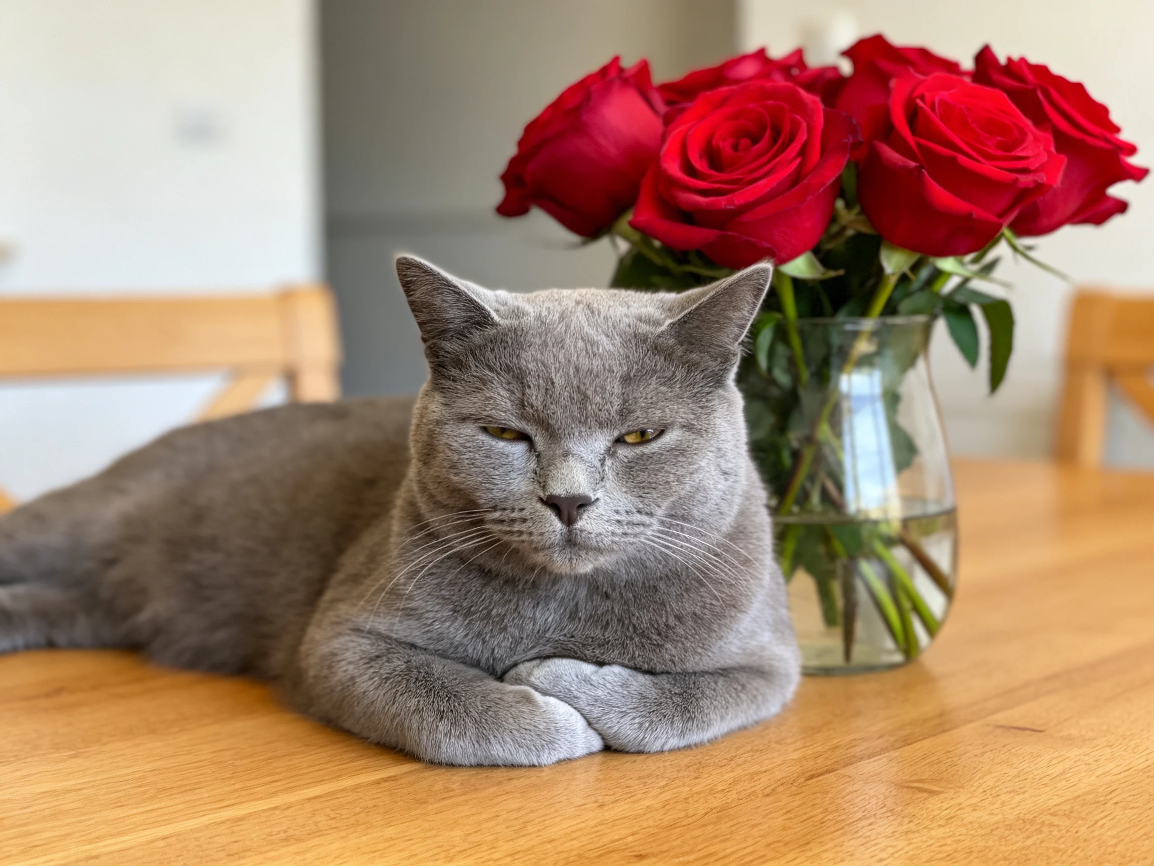 A gray cat relaxes near a vase of red roses on a wooden table