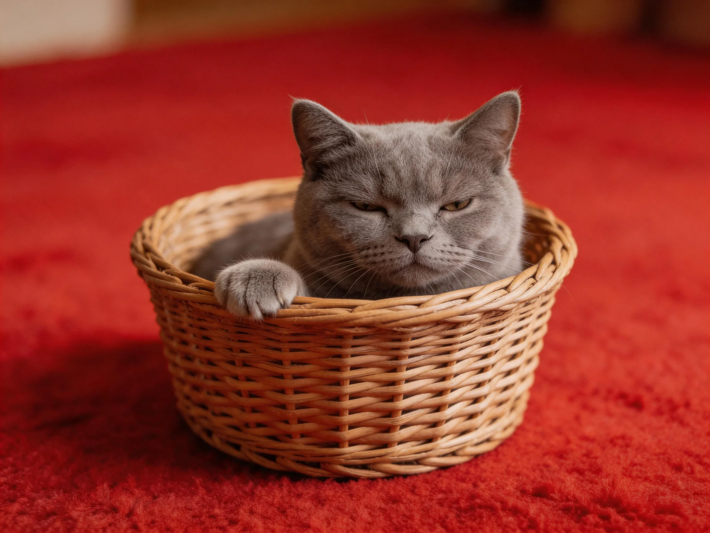A gray cat relaxes inside a wicker basket on a red carpet.