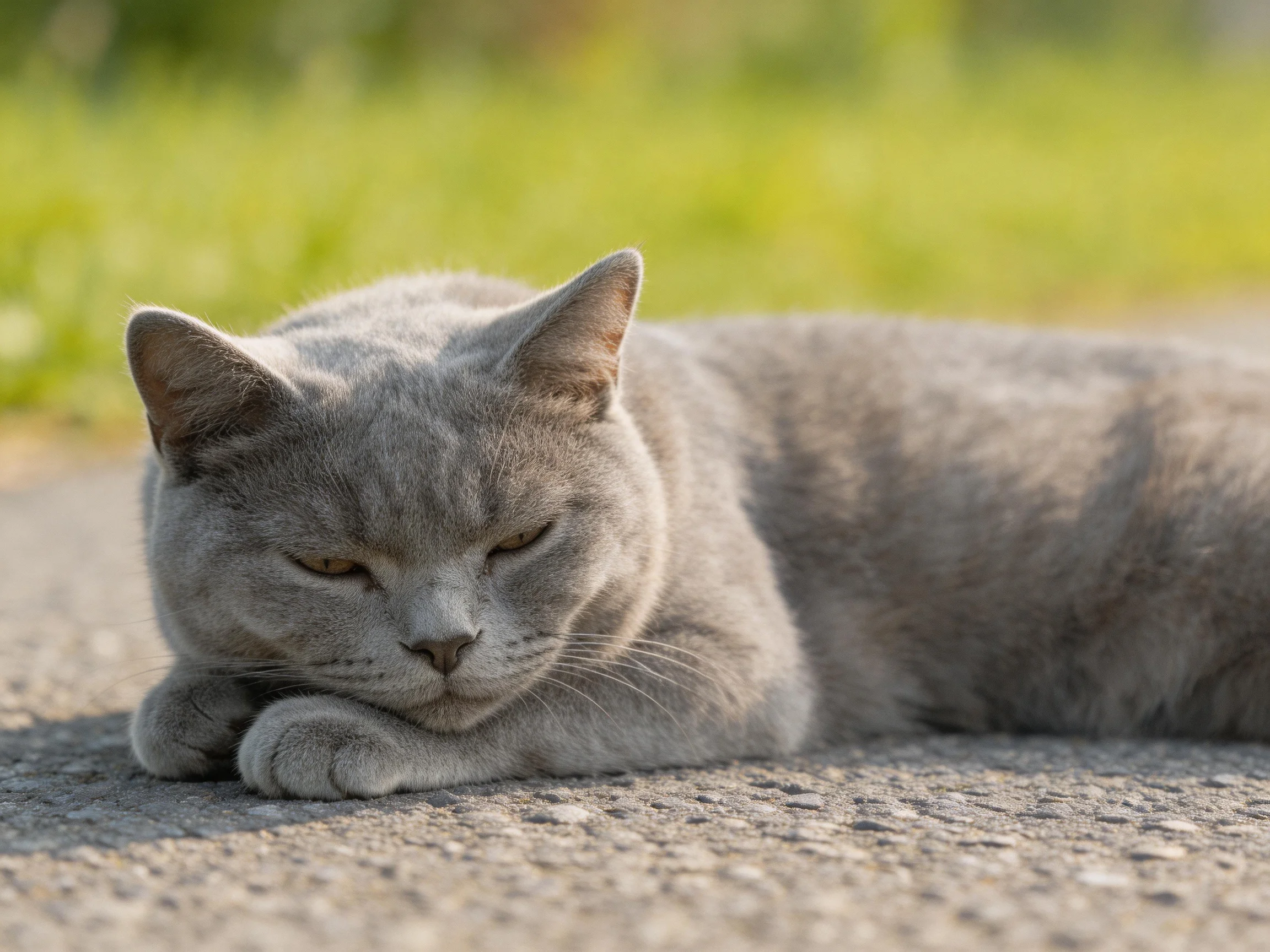 A gray cat rests on a paved area near greenery