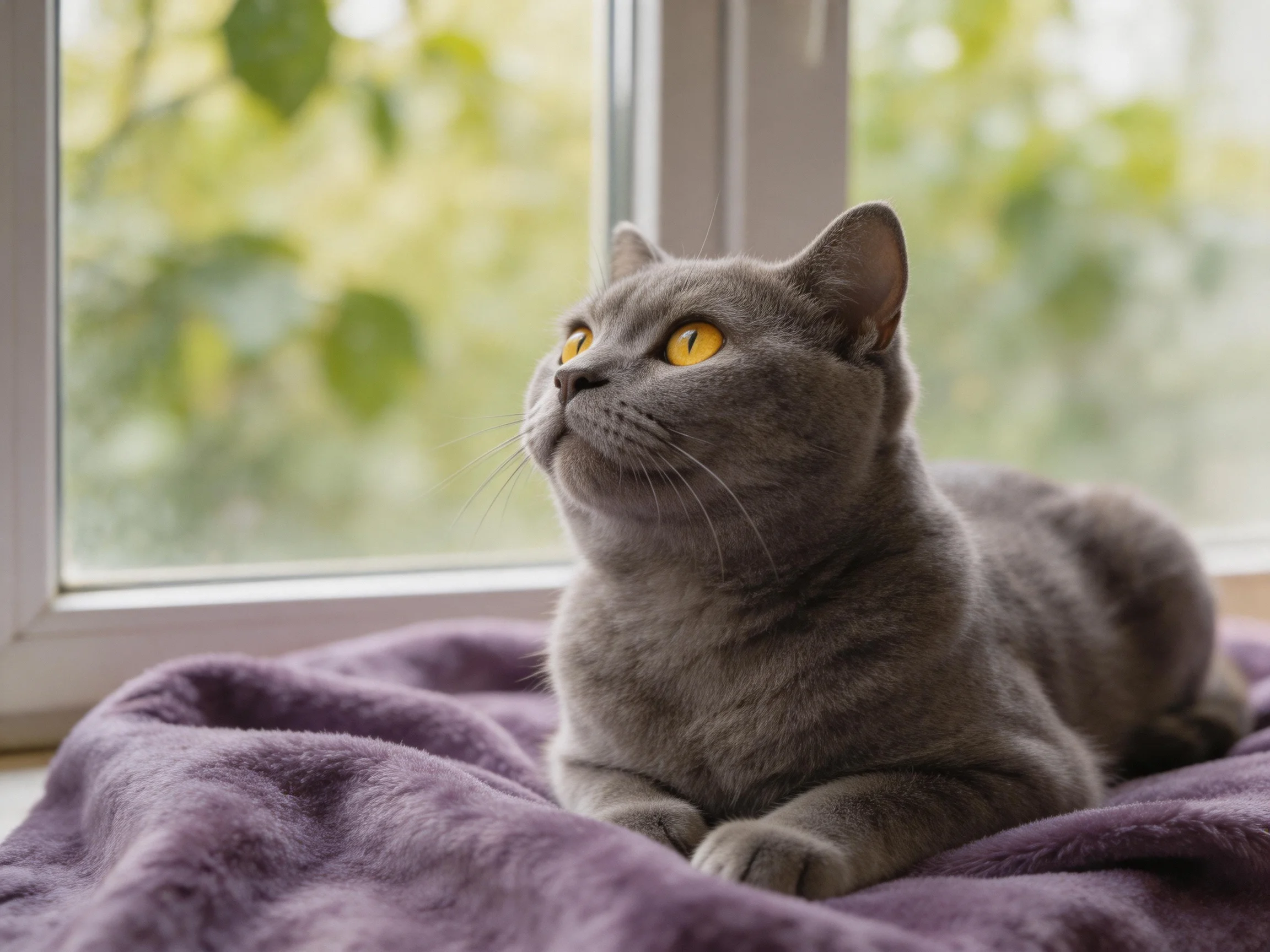 A gray cat rests on a purple blanket by a sunlit window