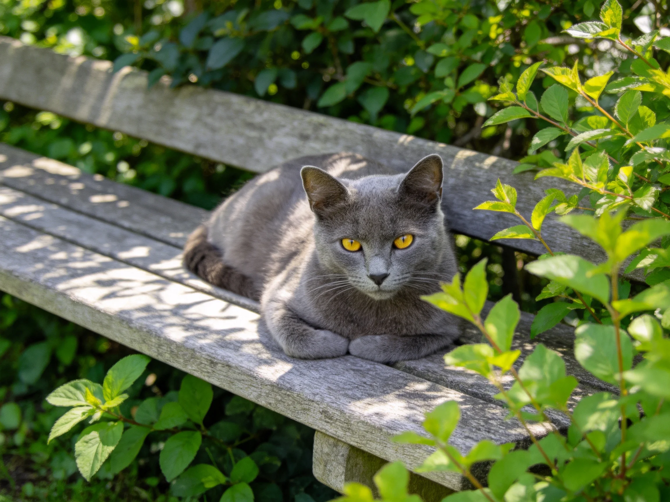 A gray cat rests on an aged wooden bench amid lush green foliage