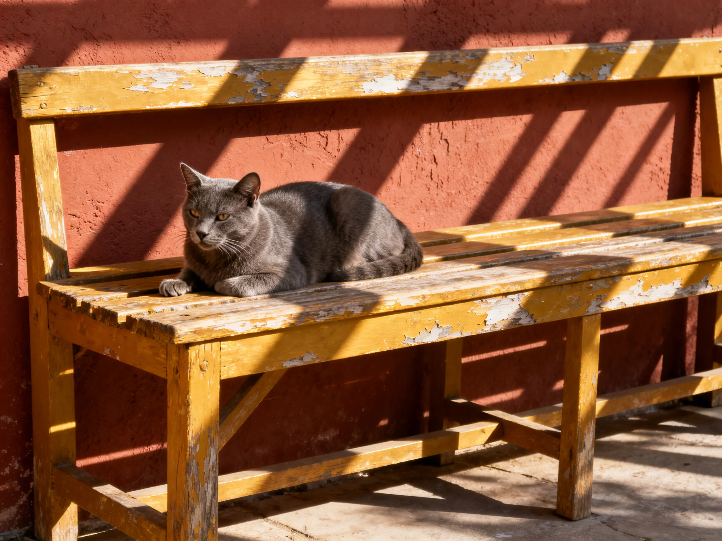 A gray cat rests on an aged yellow wooden bench near a red wall