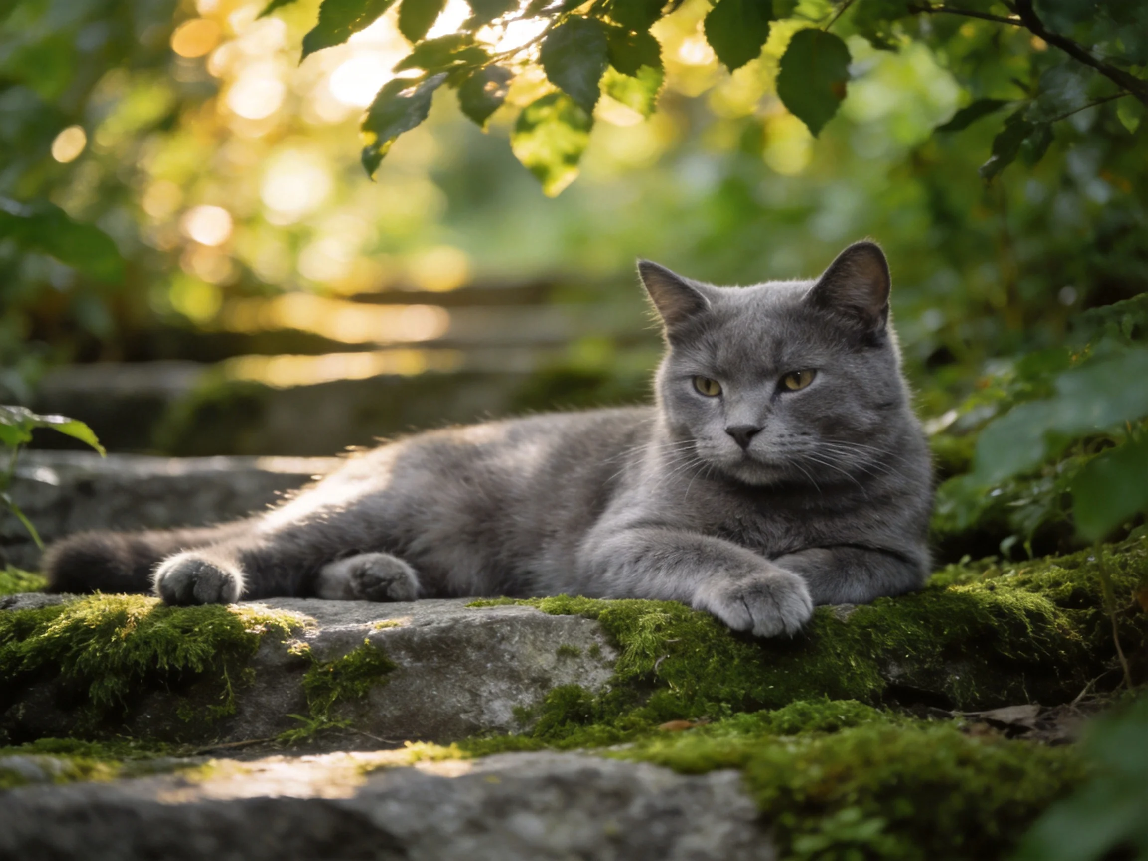 A gray cat relaxes on mossy stone steps in a sunlit, green setting.
