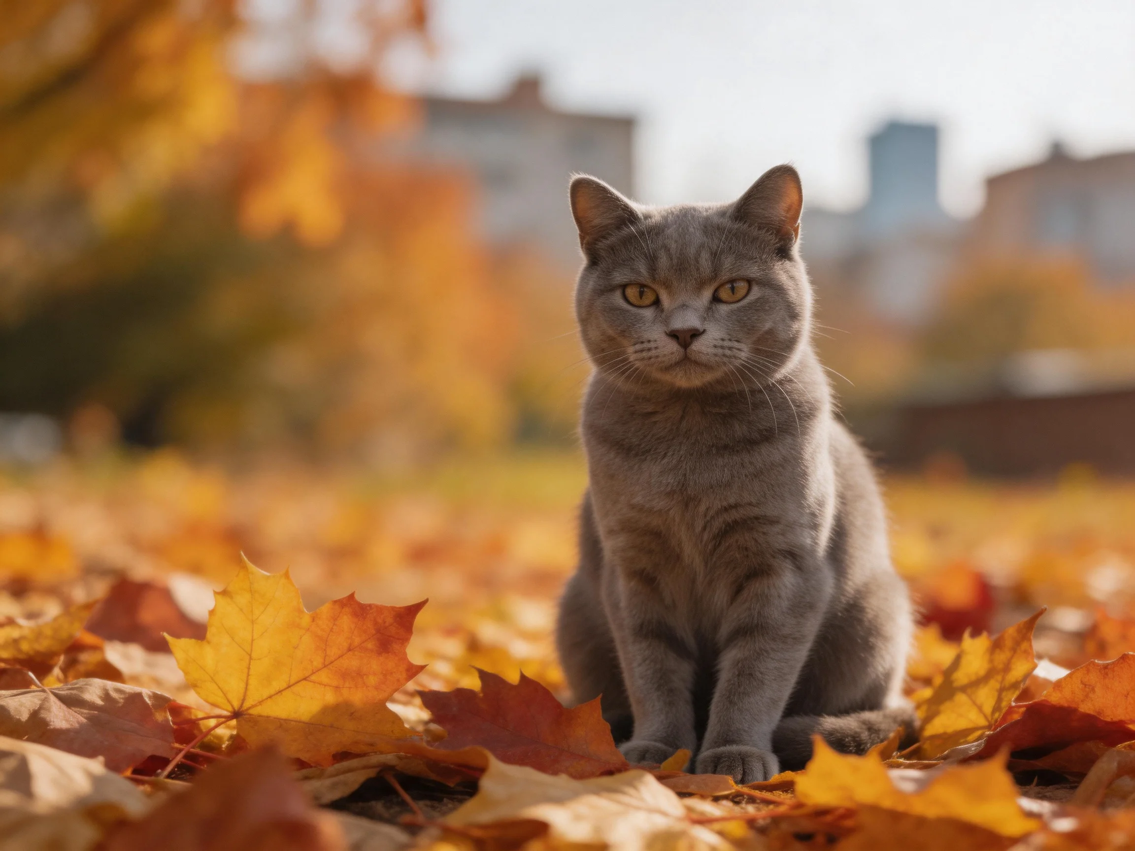 A gray cat sits amidst vibrant orange and brown fallen leaves outdoors