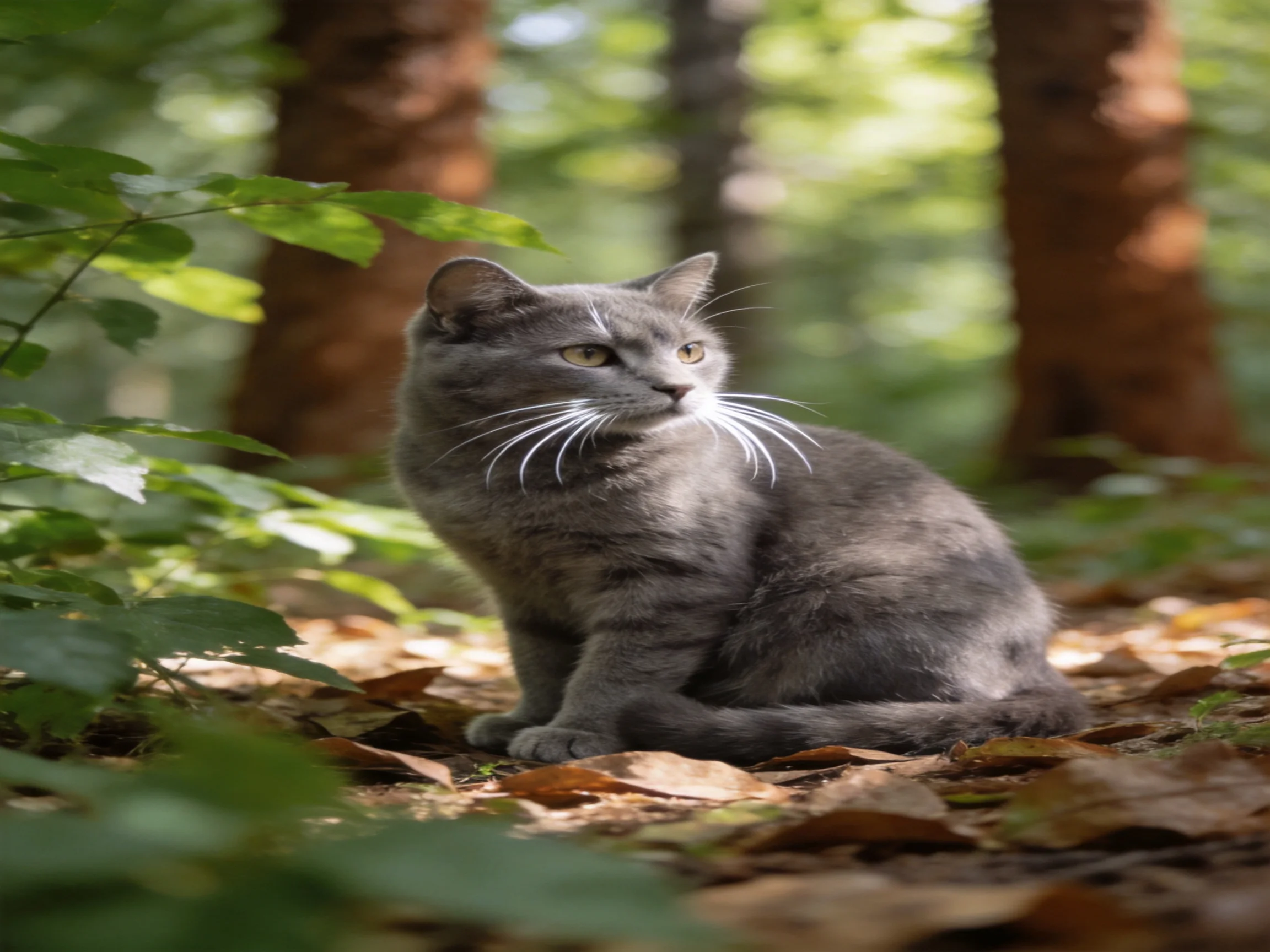 A gray cat sits among fallen leaves and tall trees in a sunlit forest