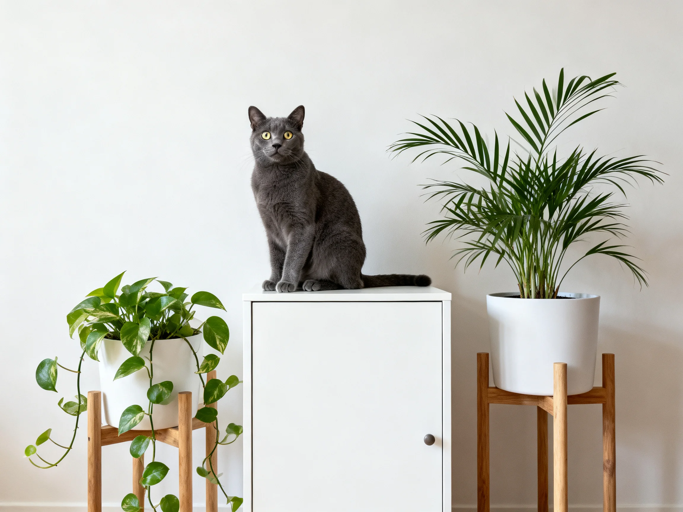 A gray cat sits atop a white cabinet beside two potted plants
