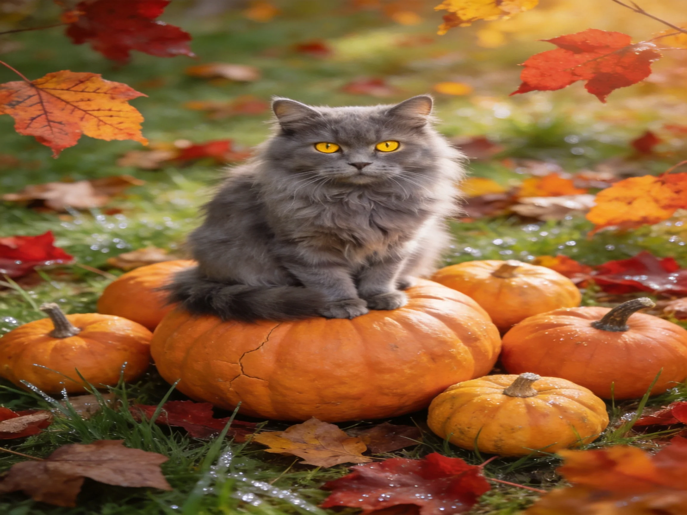 A gray cat sits on orange pumpkins surrounded by autumn leaves in a sunlit outdoor setting.