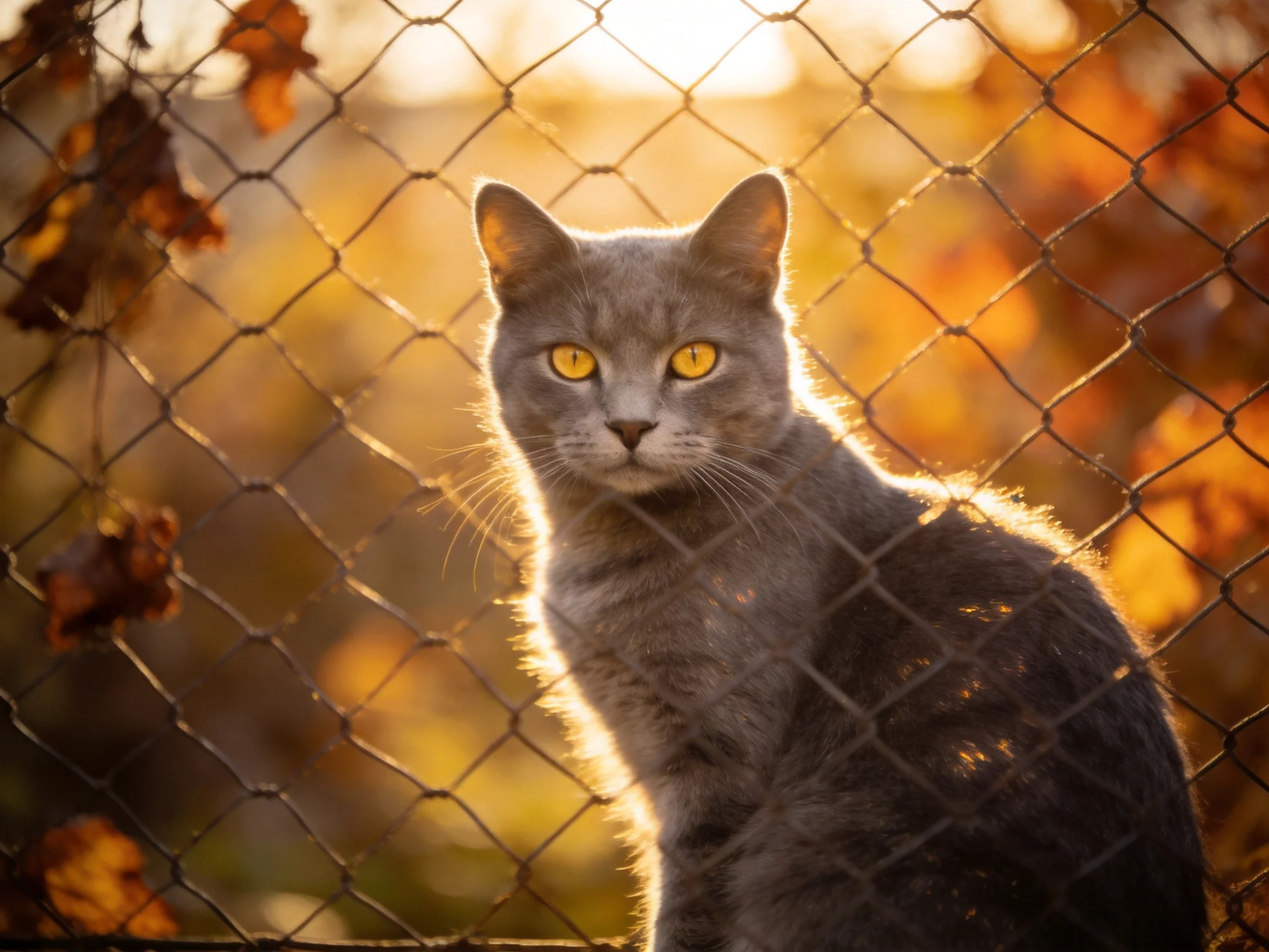 A gray cat sits behind a wire fence amid autumn foliage with golden sunlight