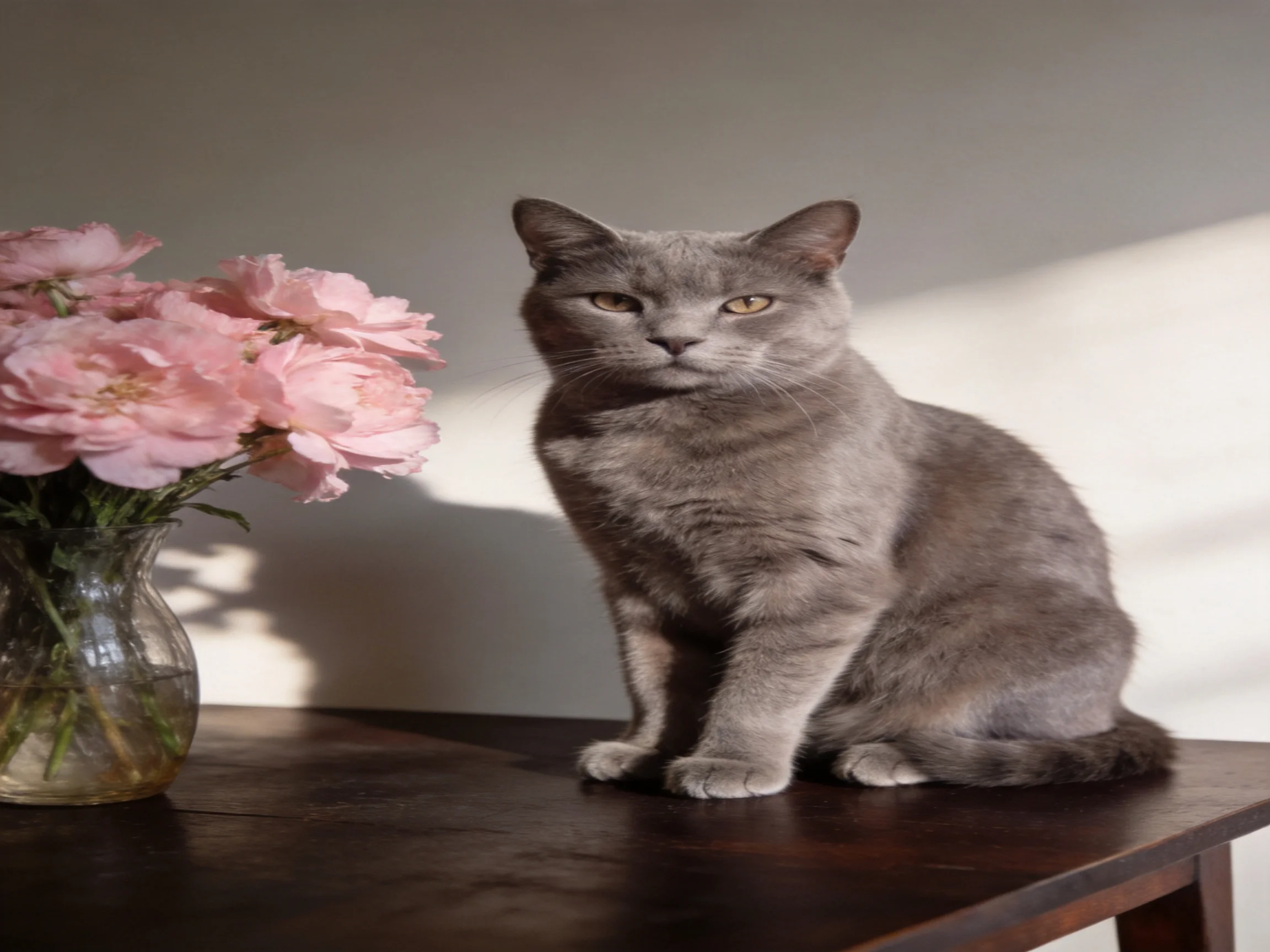 A gray cat sits next to a vase of pink flowers on a wooden table.