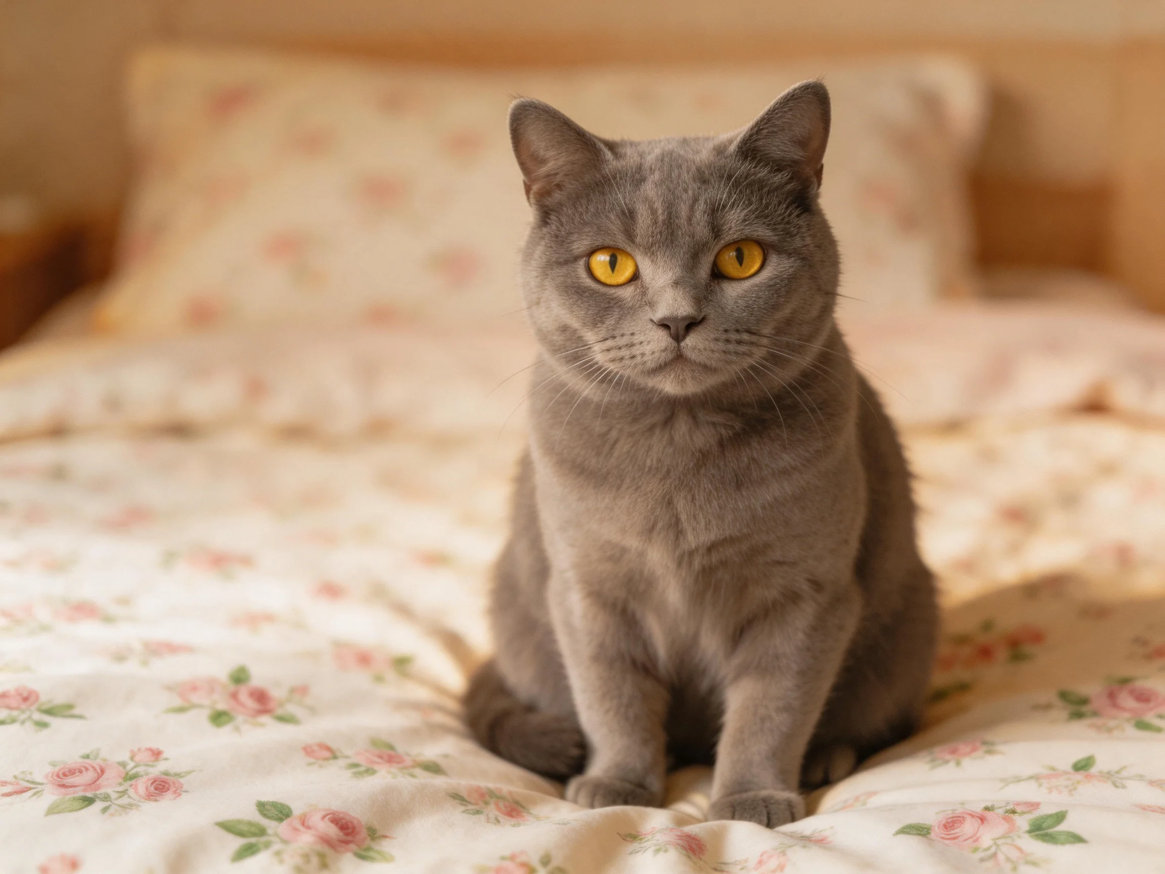 A gray cat sits calmly on a floral bedspread in a cozy indoor space.