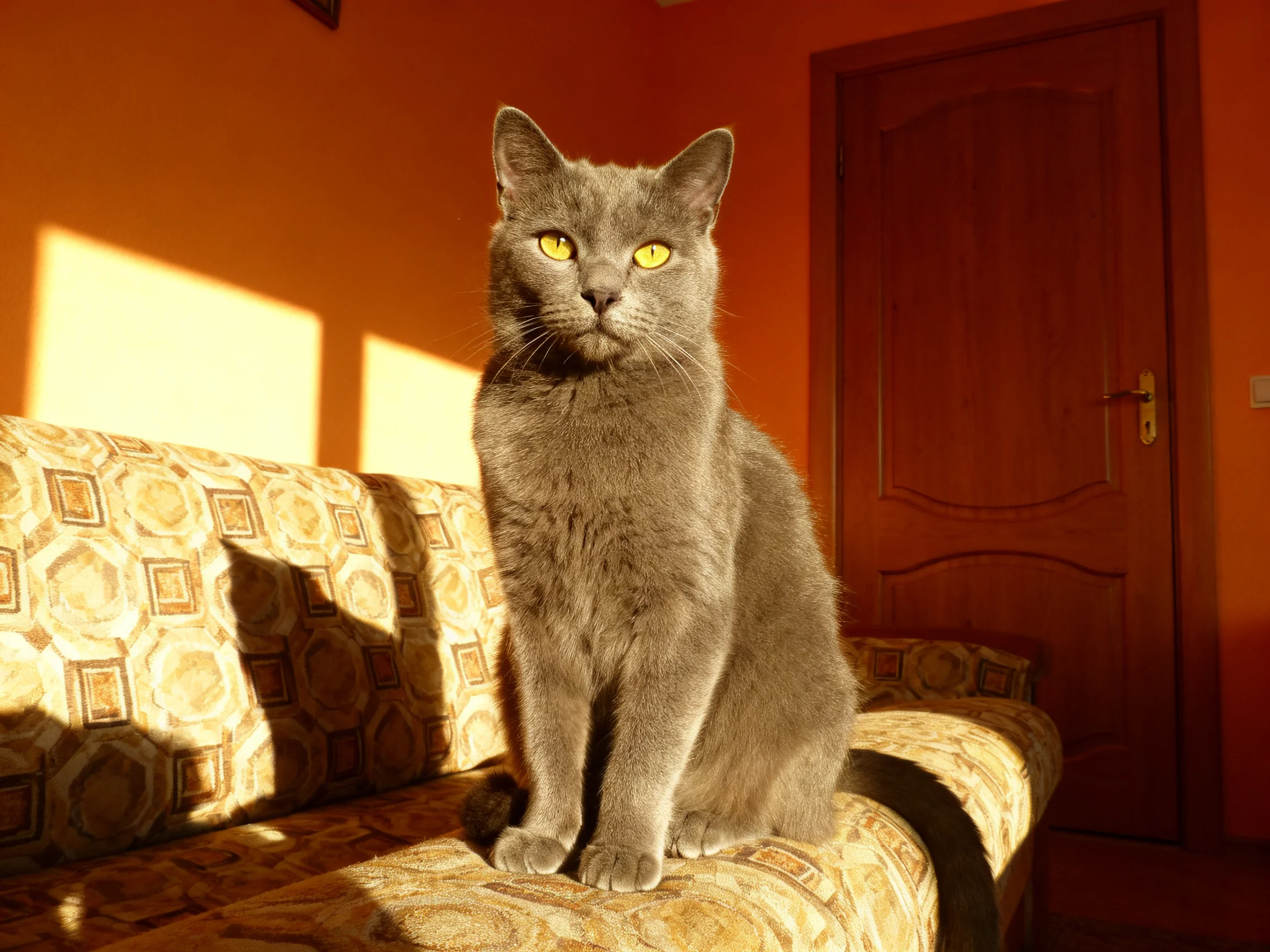 A gray cat sits on a patterned couch in a warm orange room