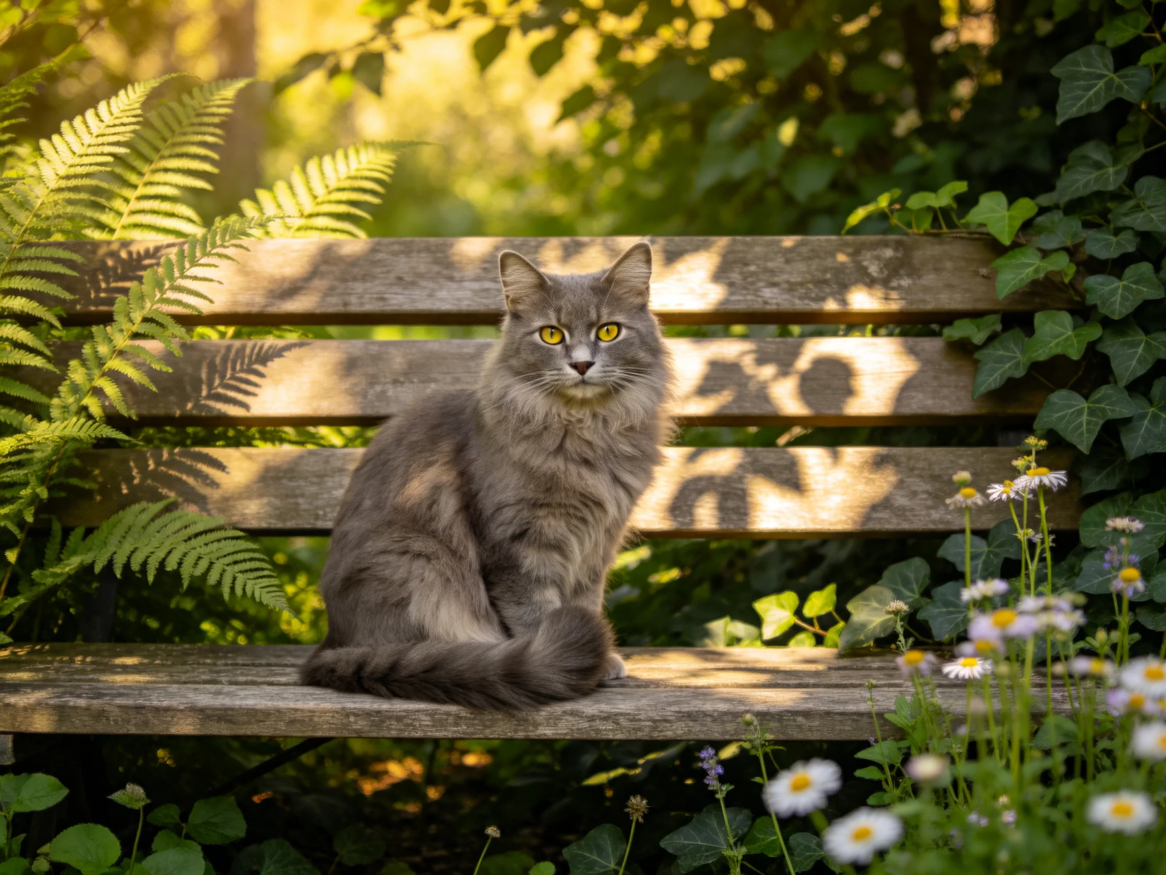 A gray cat relaxes on a wooden bench in a sunlit garden setting.