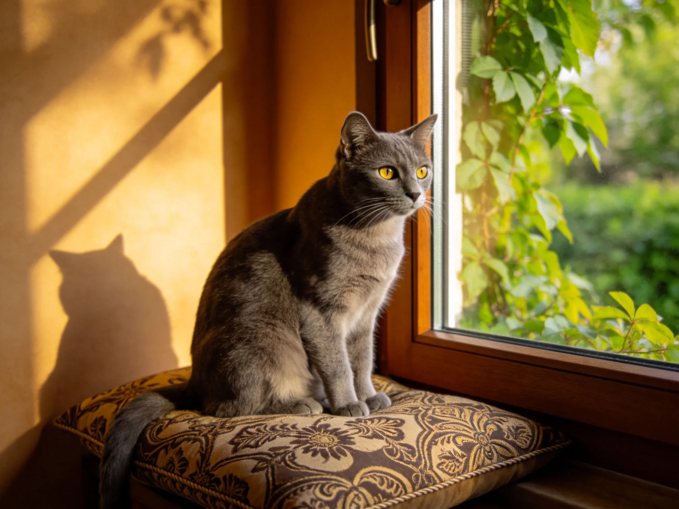 A gray cat sits on an ornate cushion by a sunlit window