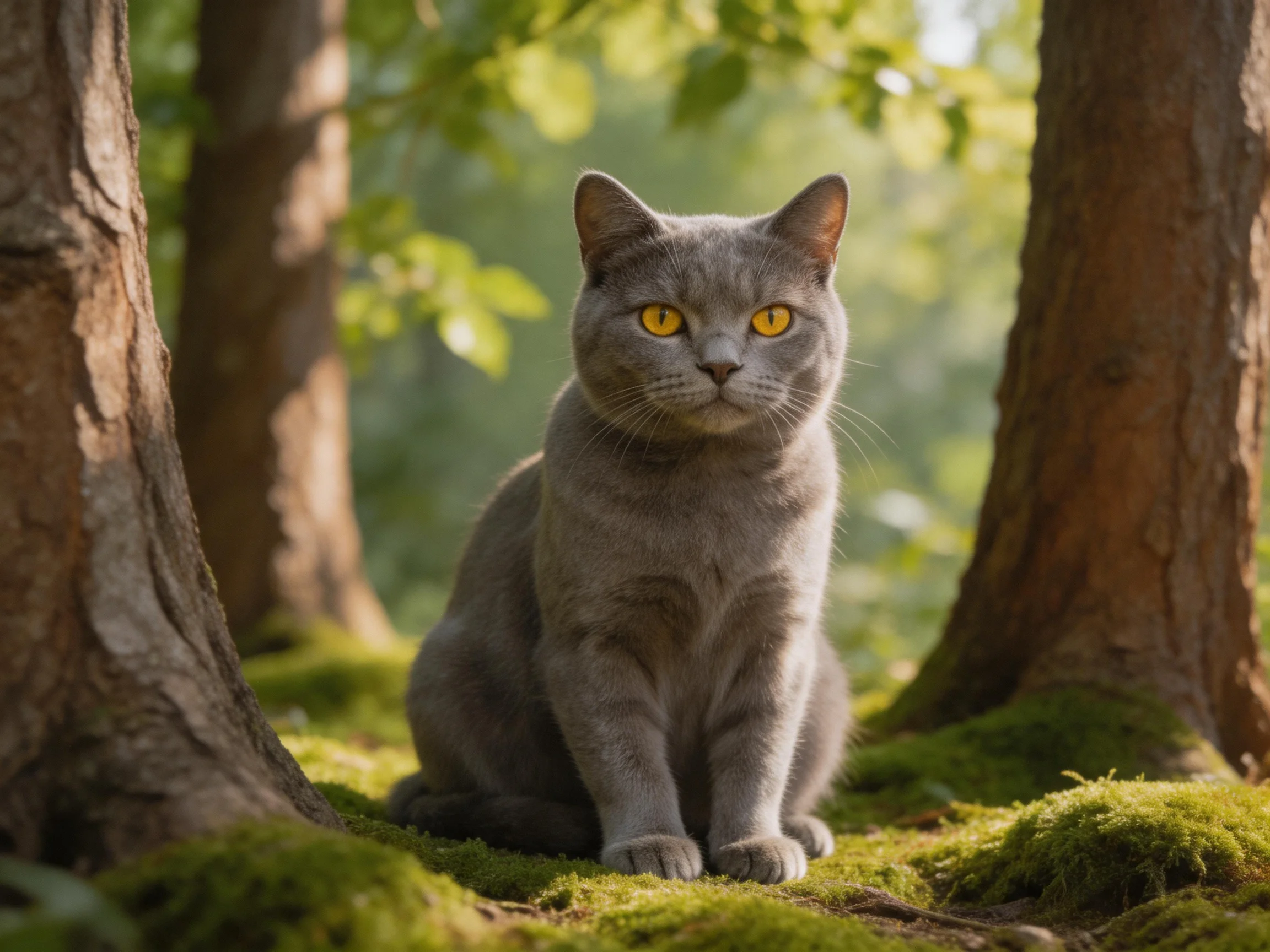 A gray cat sits on moss among sunlit forest trees