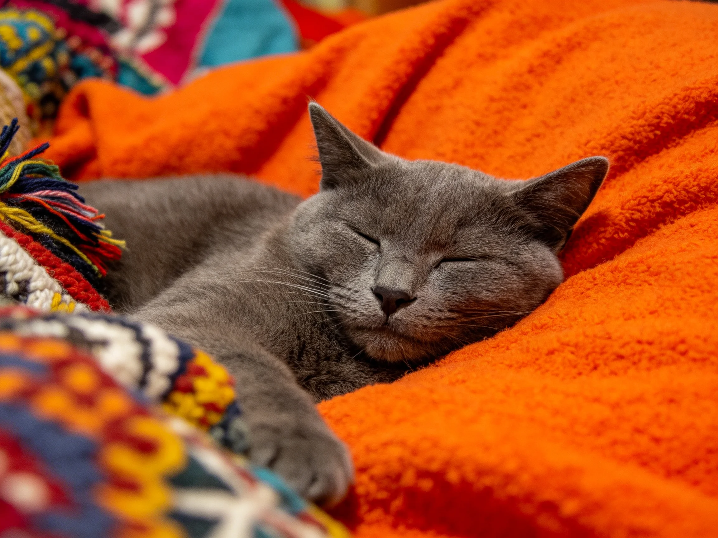 A gray cat sleeps on an orange blanket amid colorful textiles