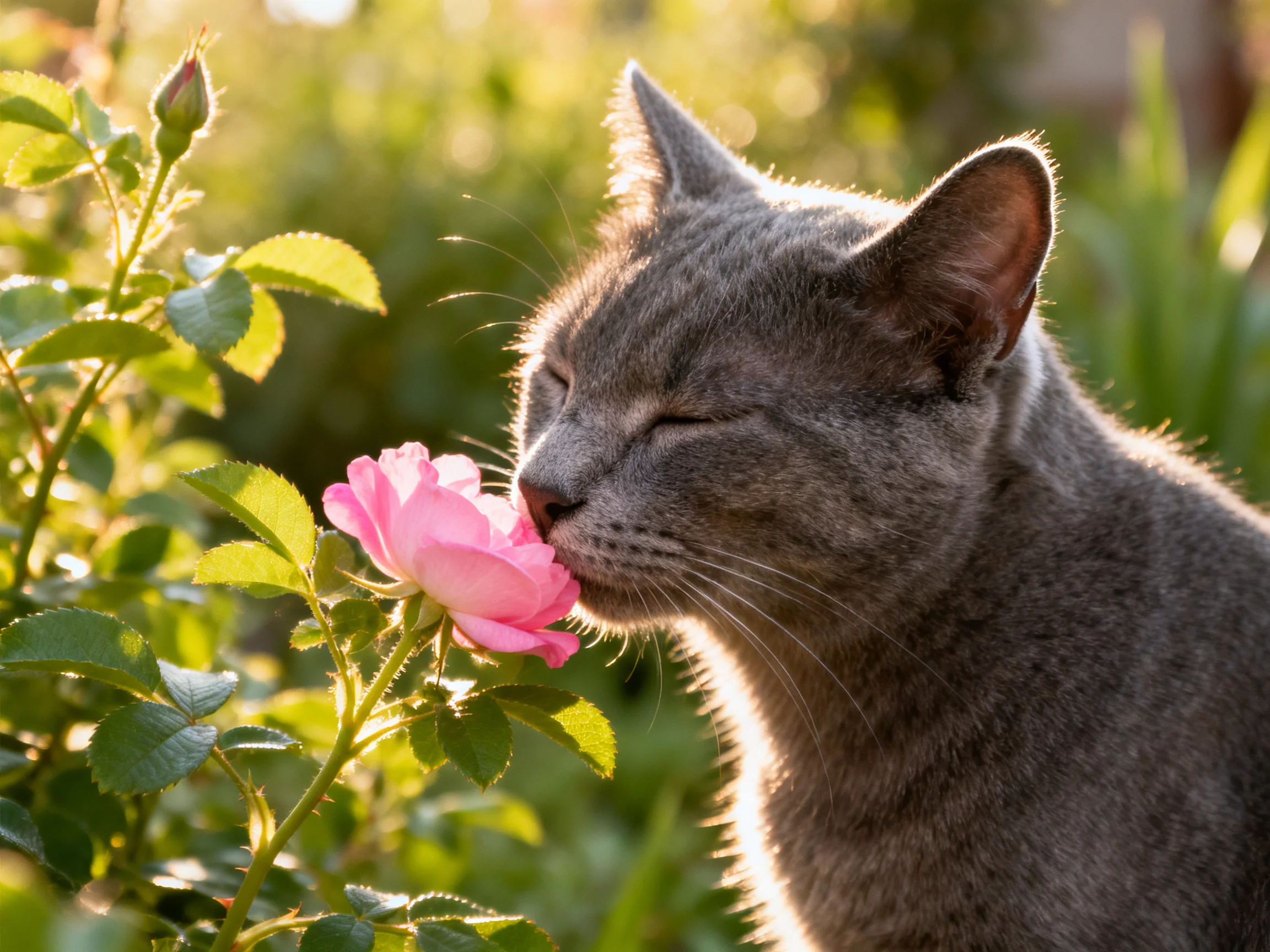 A gray cat sniffs a vibrant pink rose in a sunlit garden