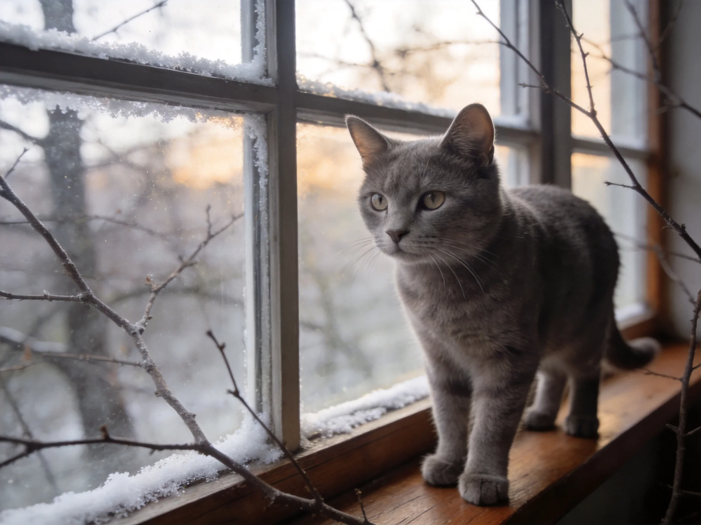 A gray cat stands on a snowy windowsill with bare branches nearby.