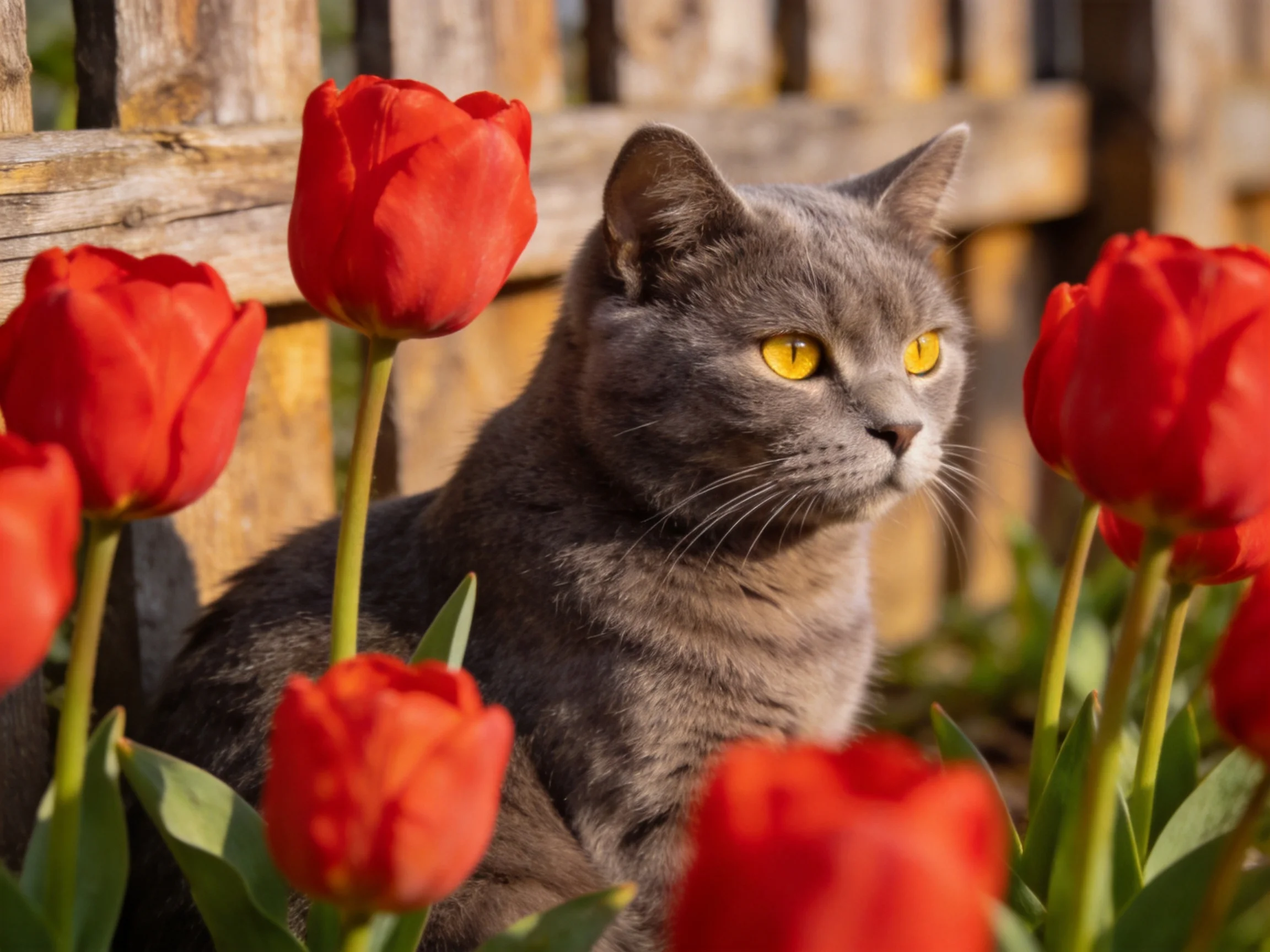 A gray cat sits among bright red tulips beside a wooden fence.
