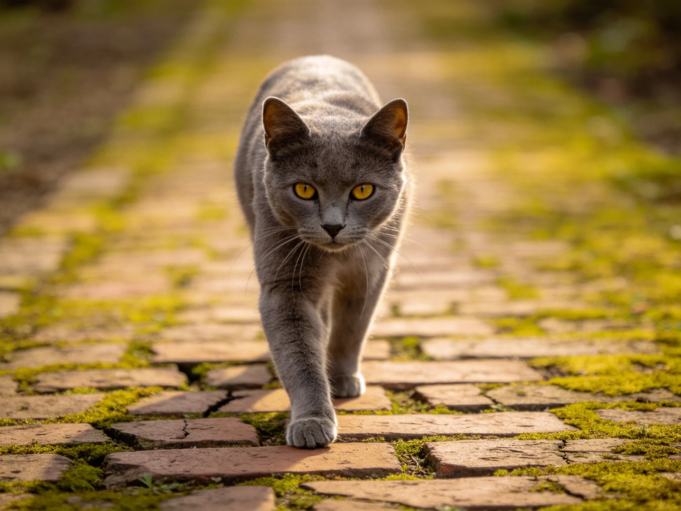 A gray cat walks along a moss-covered brick pathway
