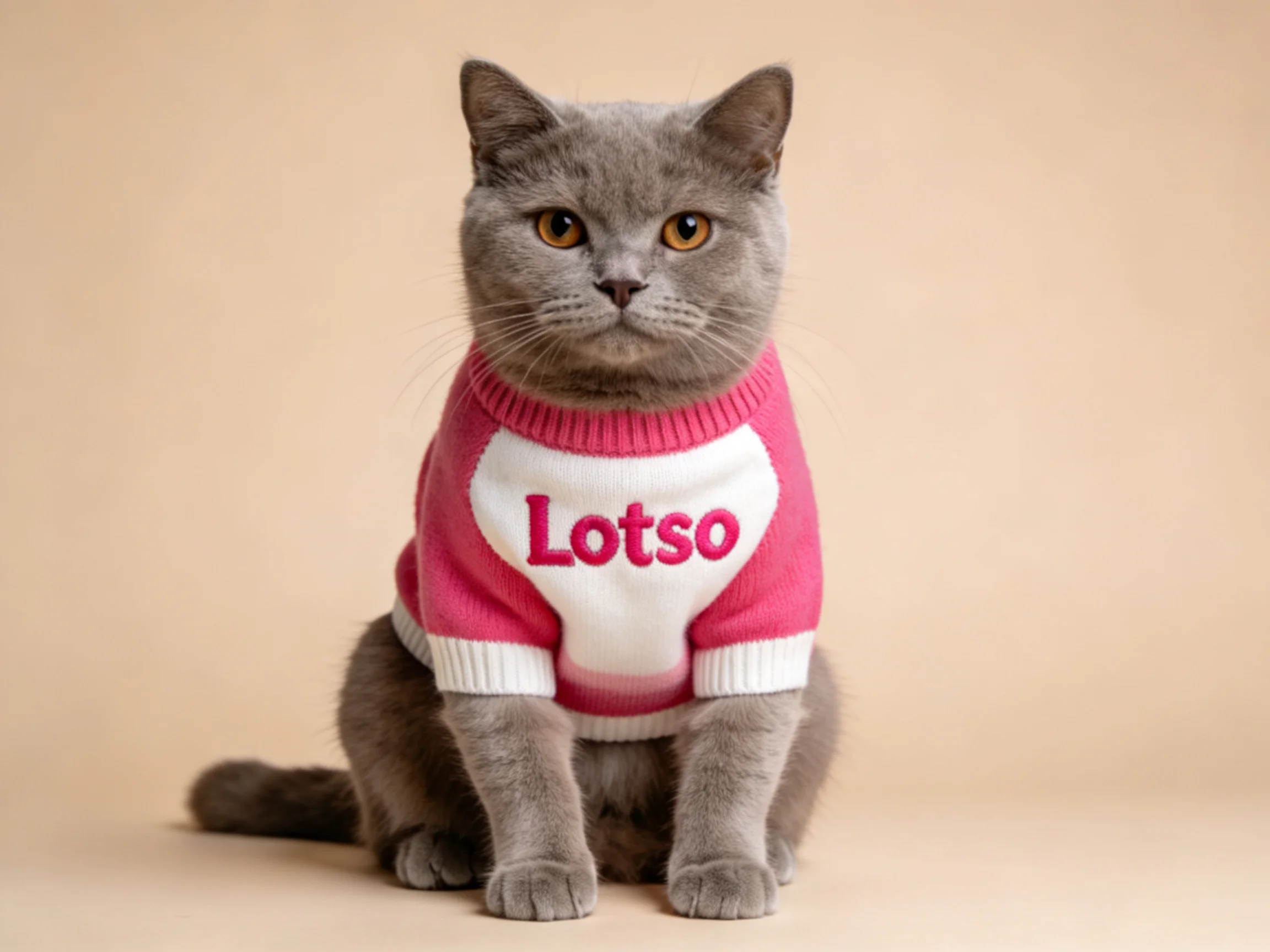 A gray cat wears a pink-and-white sweater labeled Lotso on a beige surface