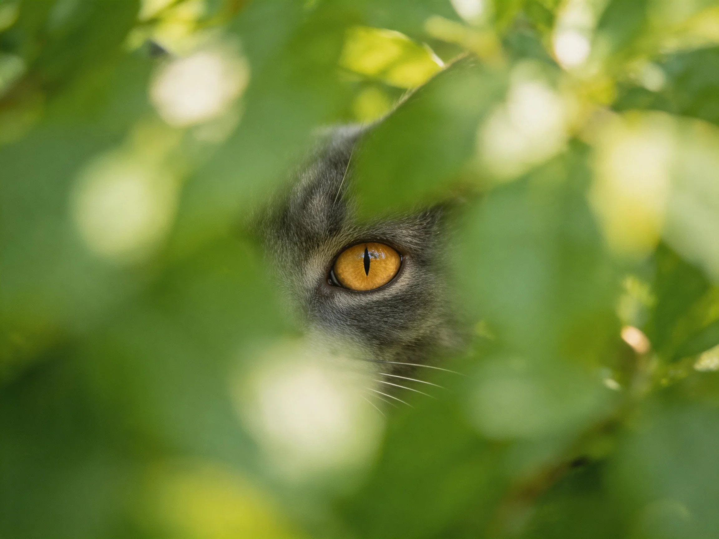 A gray cat with amber eyes hides among lush green leaves