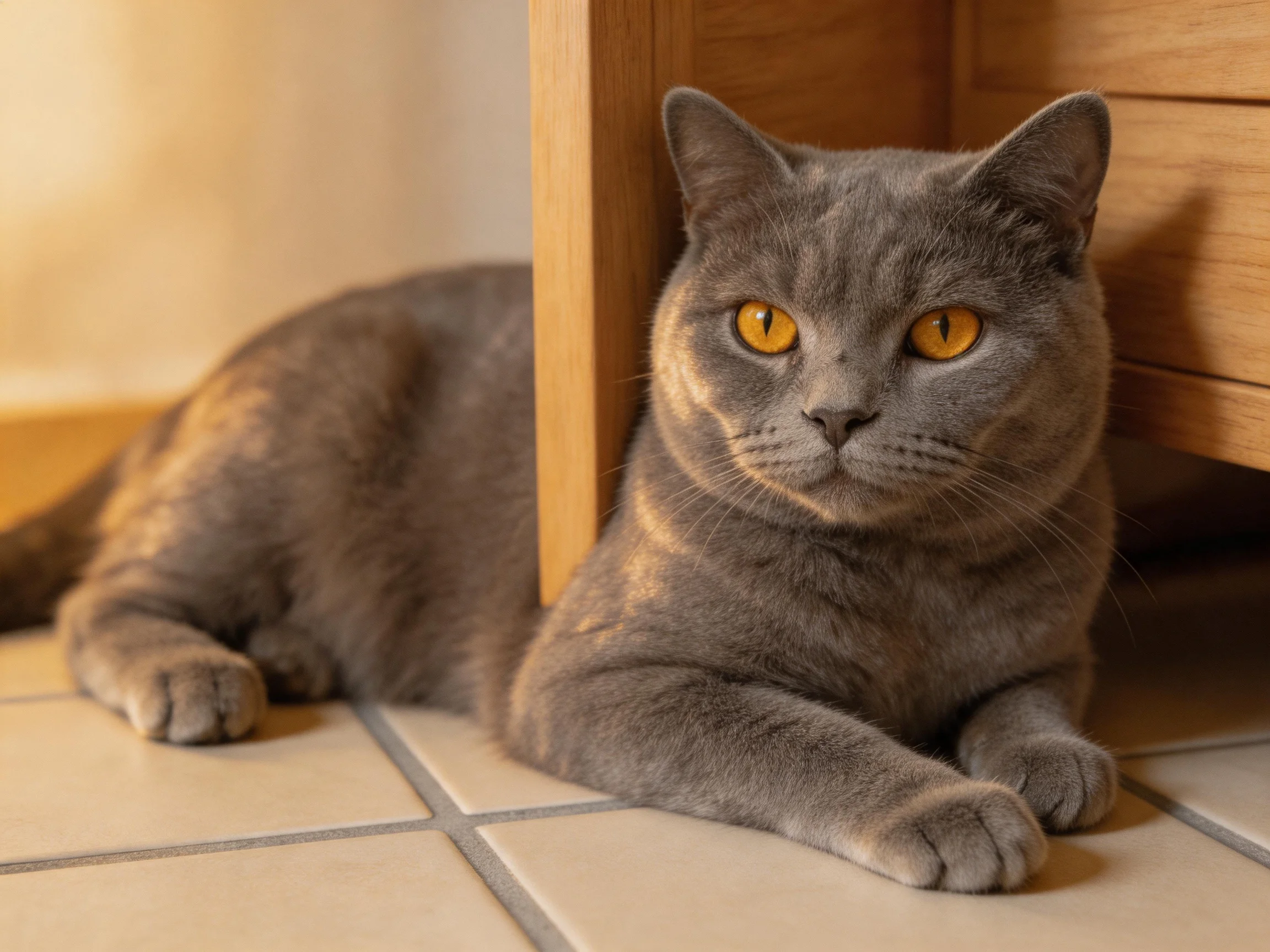 A gray cat with amber eyes relaxes near a wooden cabinet on tiled floors.