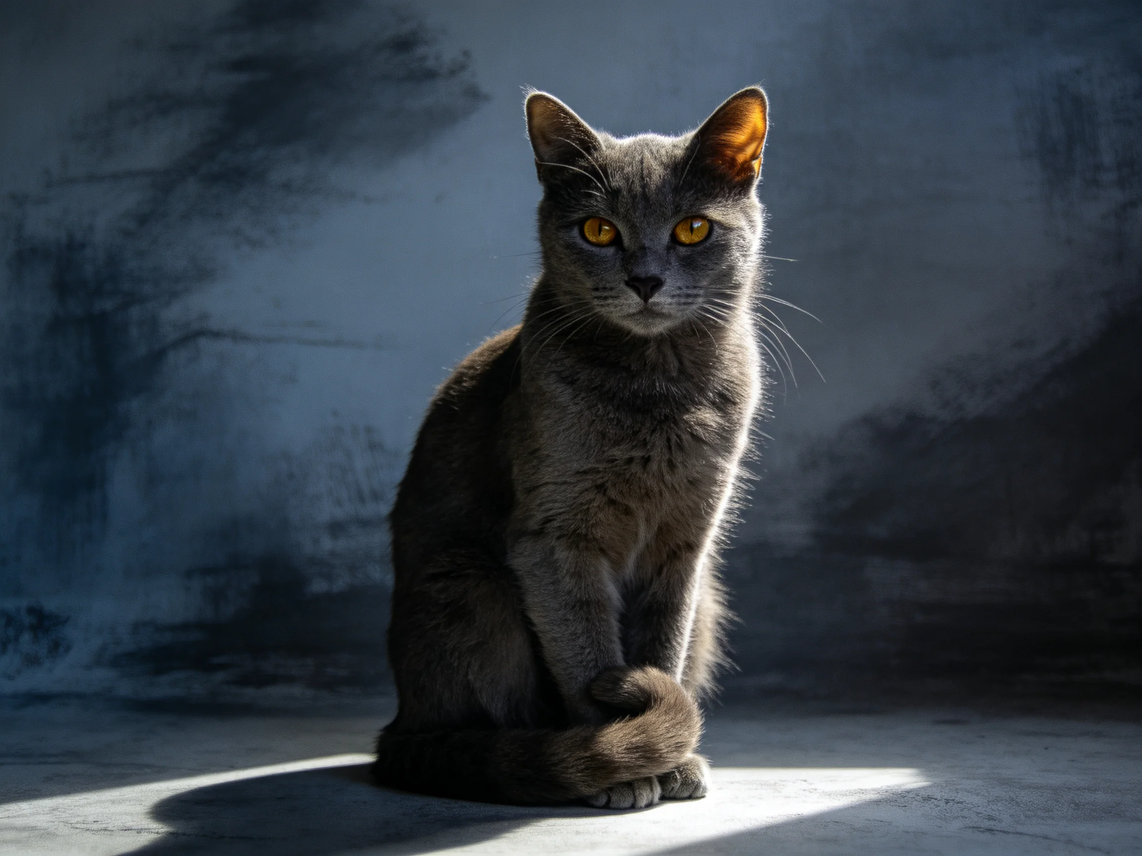 A gray cat with amber eyes sits in a moody, blue-gray setting