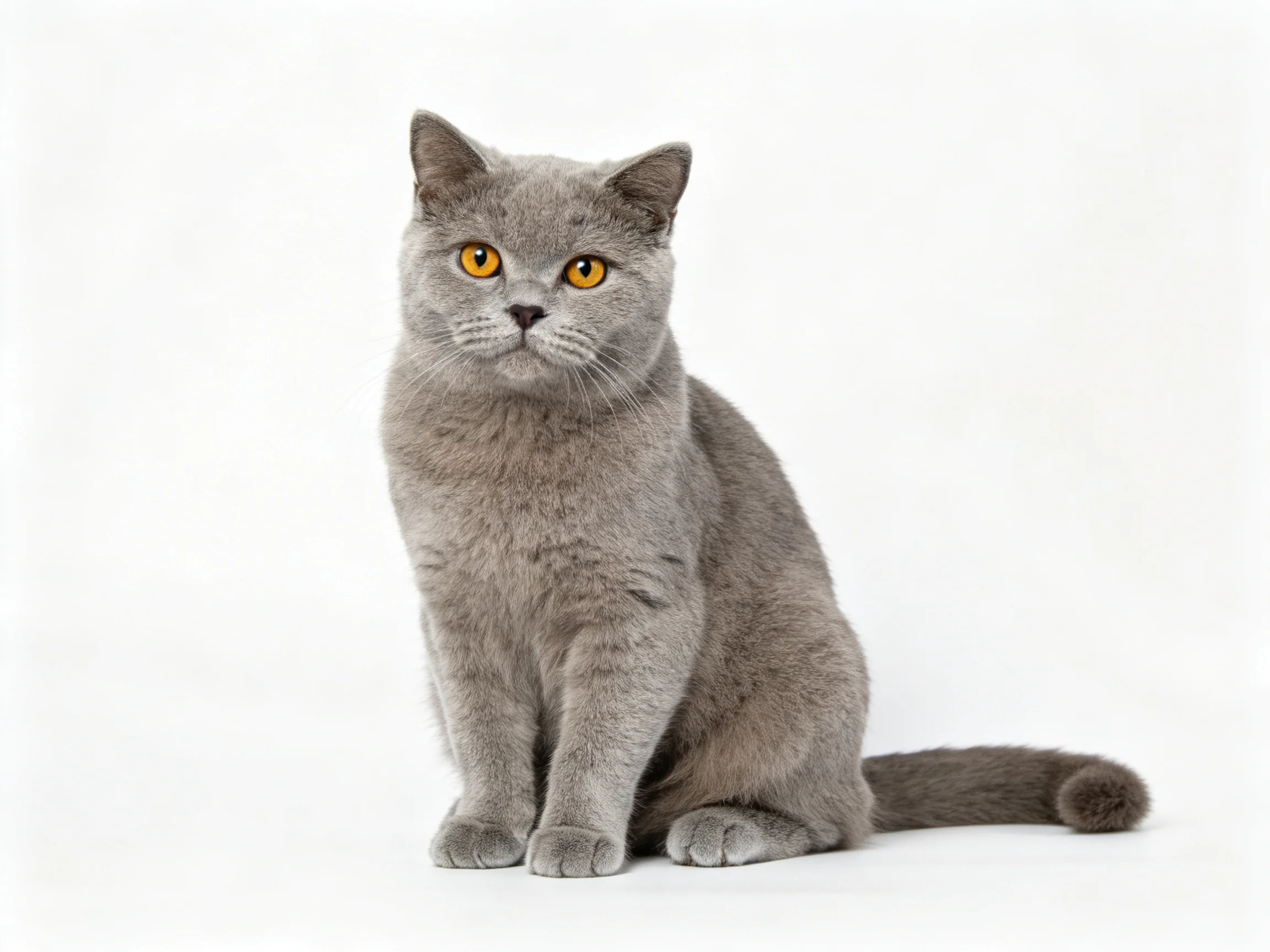A gray cat with bright amber eyes sits on a plain white surface
