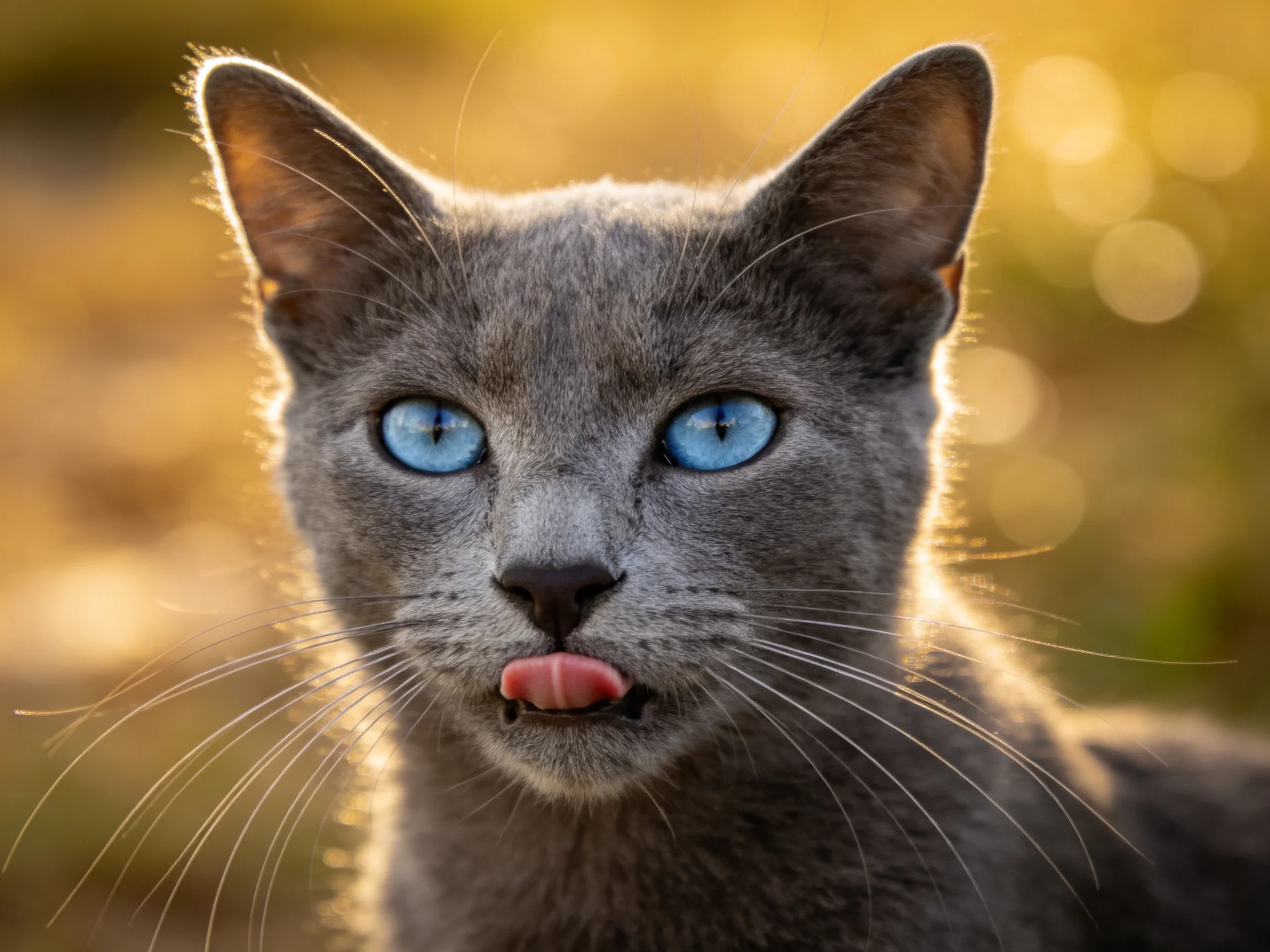 A gray cat with blue eyes sticks out its tongue before a golden, blurred backdrop.