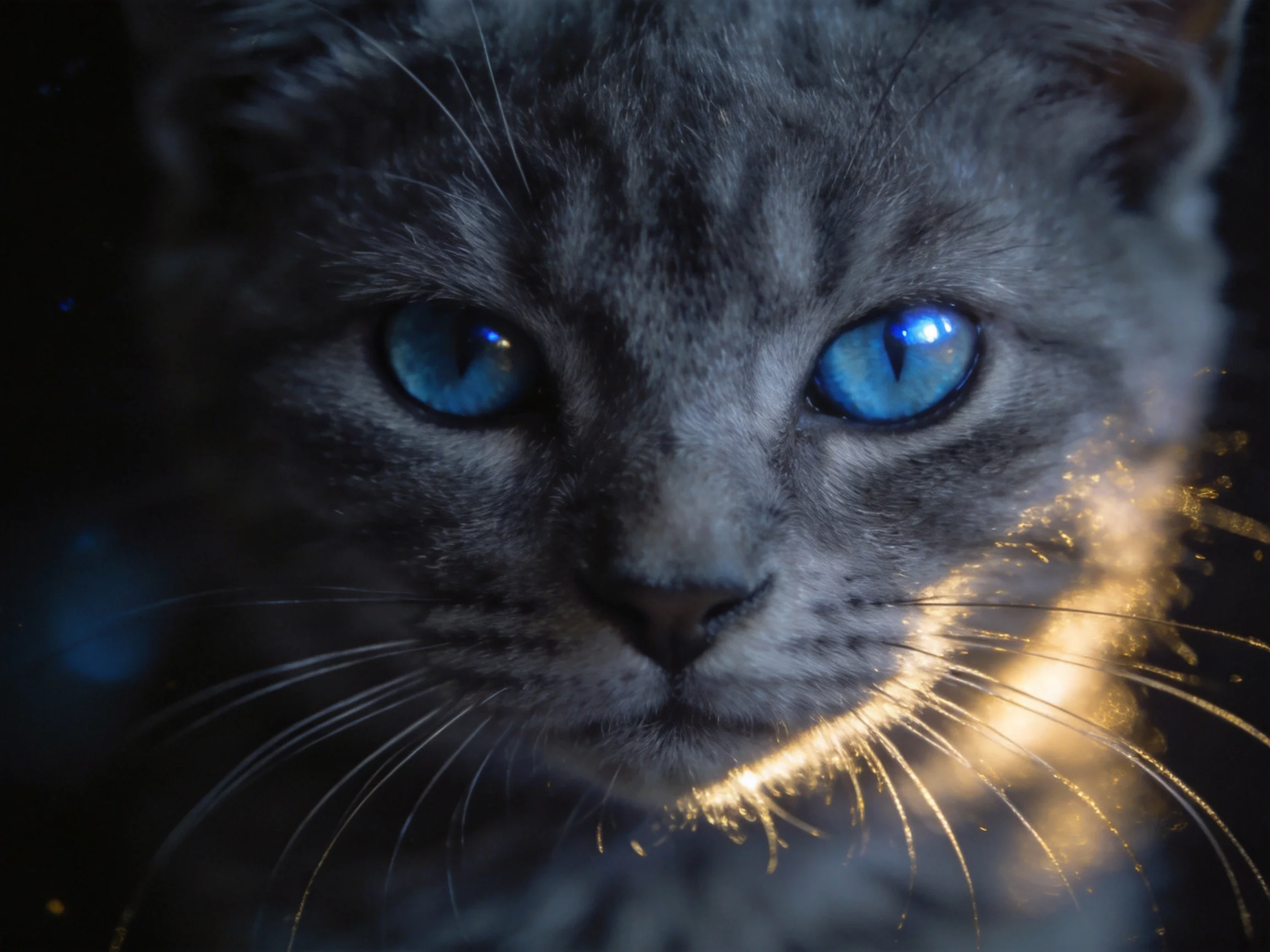 A gray cat with blue eyes is highlighted by golden light against darkness.