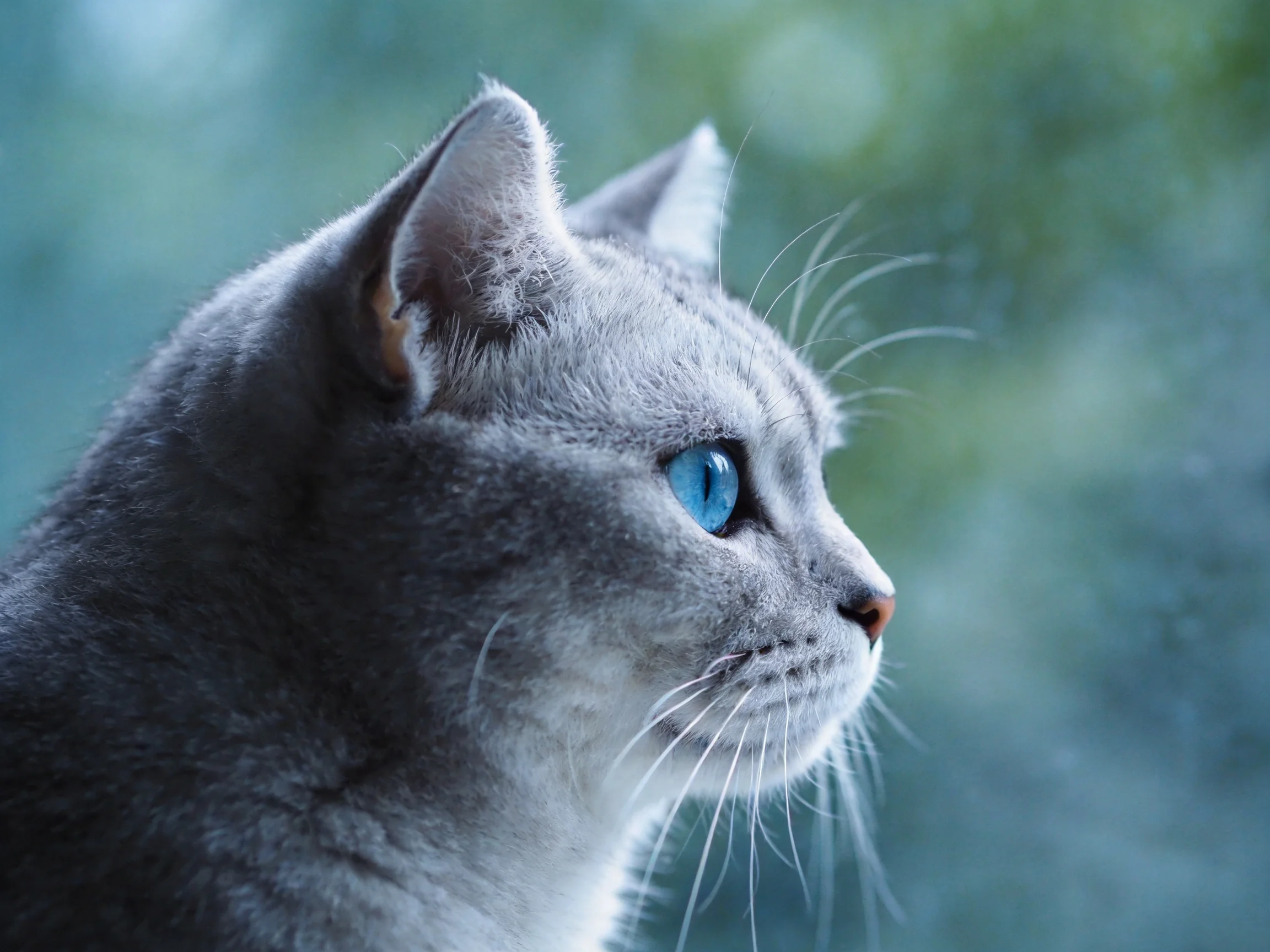A gray cat with blue eyes gazes toward a blurred green background.
