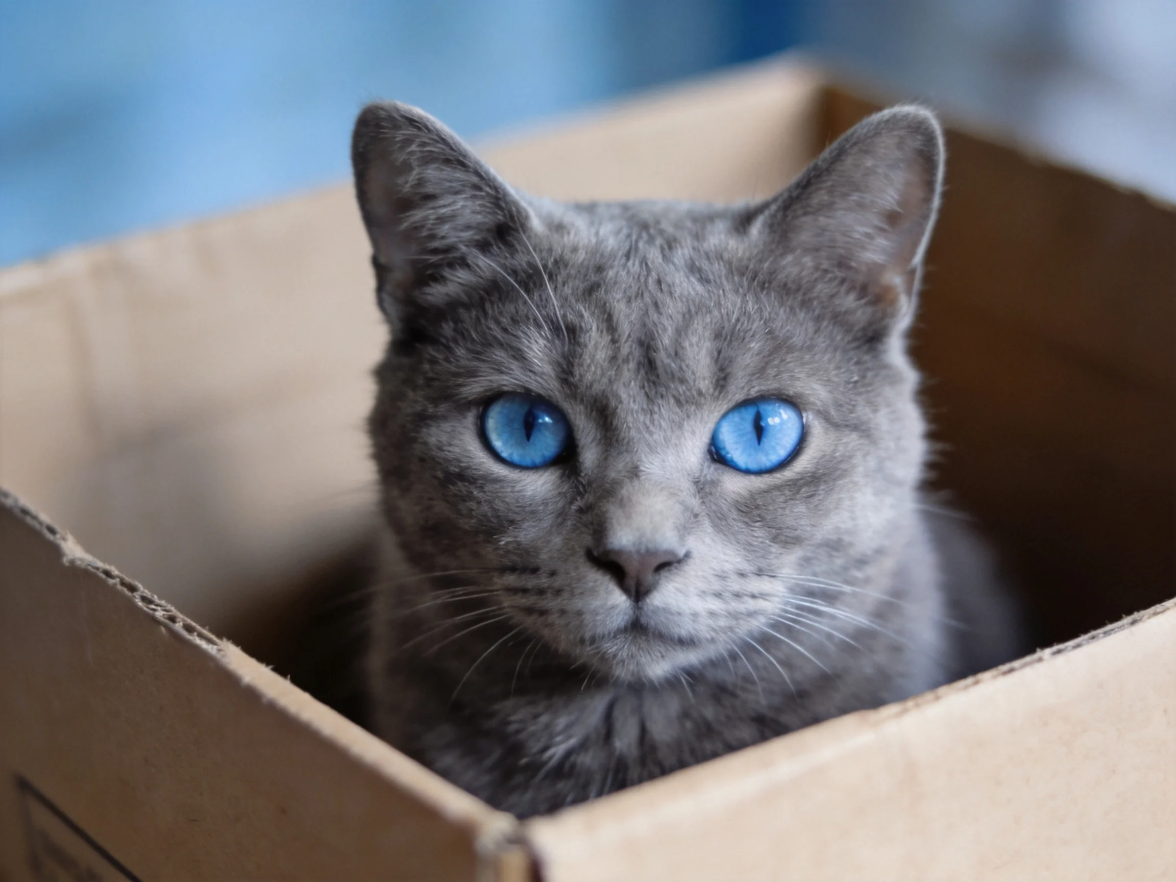 A gray cat with blue eyes rests inside a cardboard box.