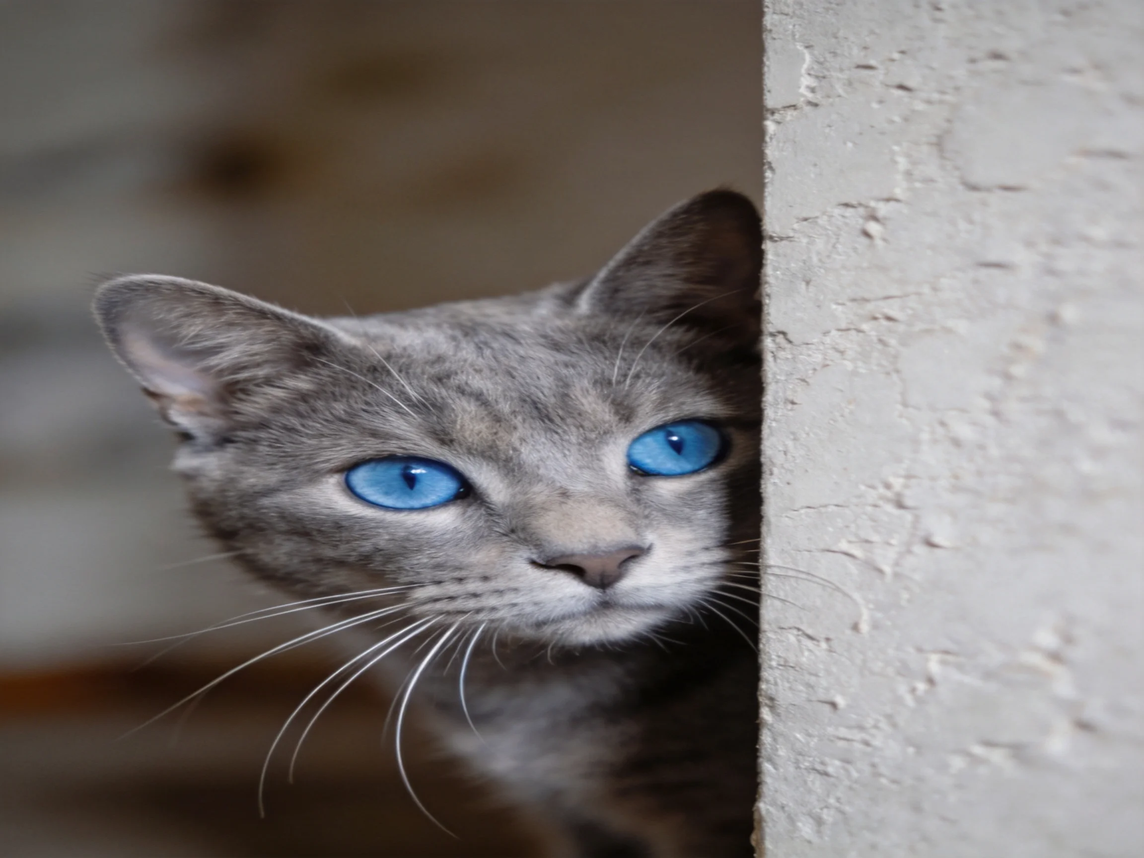 A gray cat with blue eyes partially hides behind a wall.