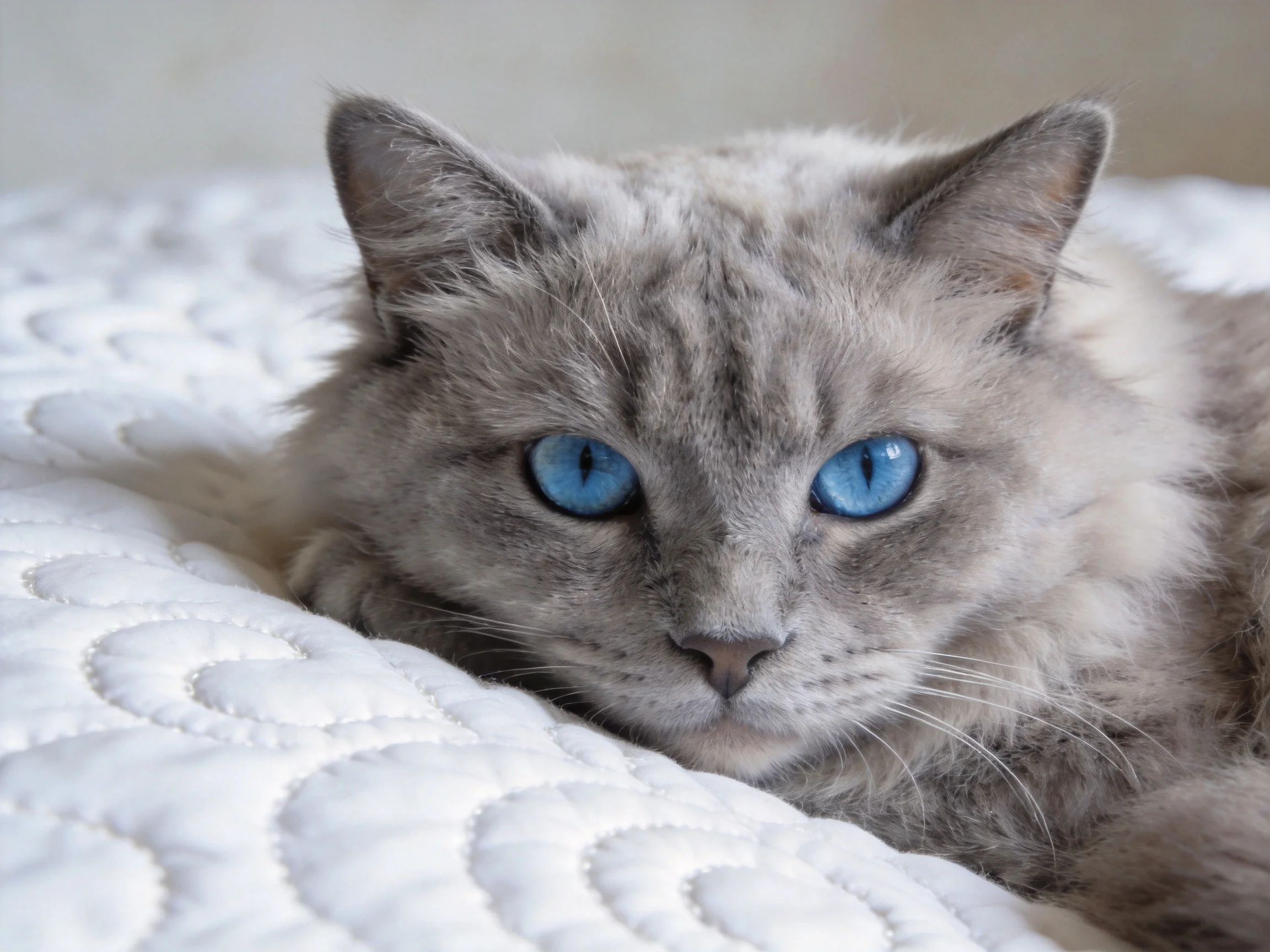 A gray cat with blue eyes relaxes on a white quilted fabric.