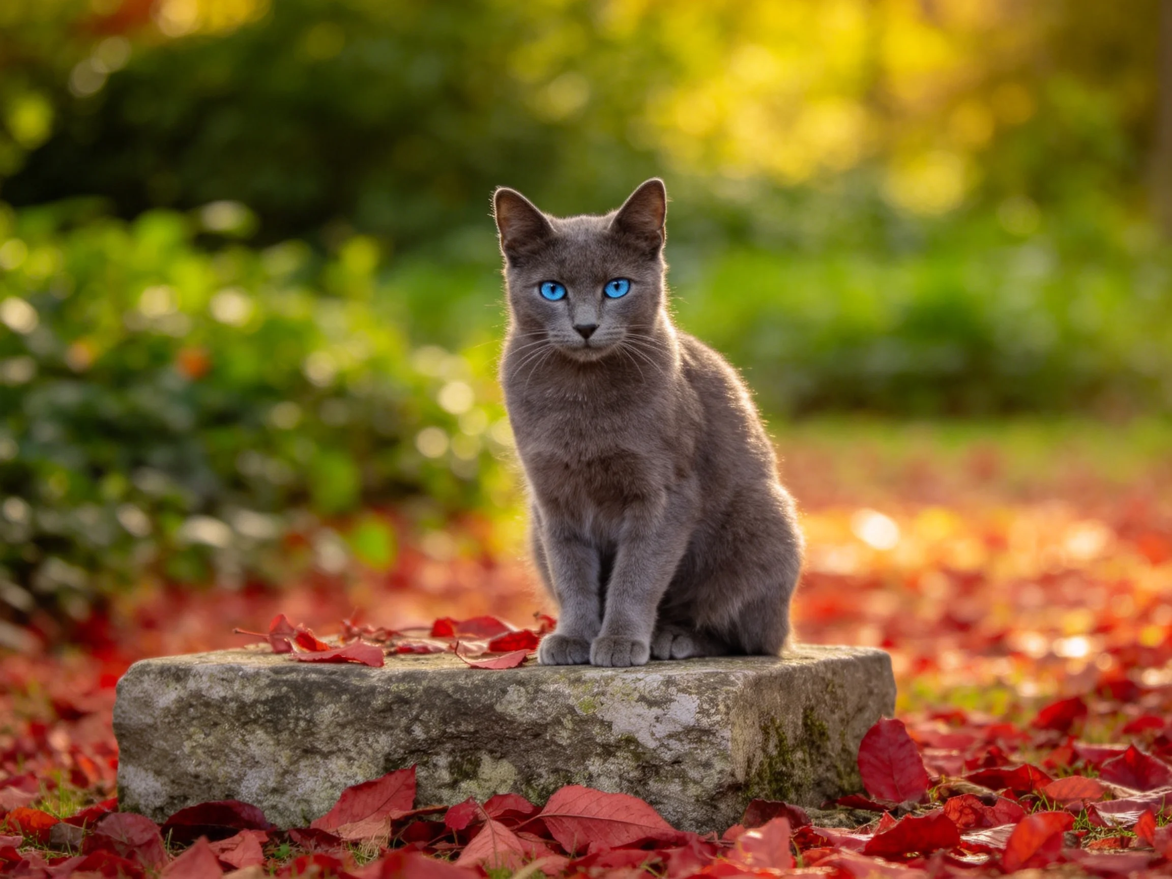 A gray cat with blue eyes sits on a stone surrounded by red autumn leaves.