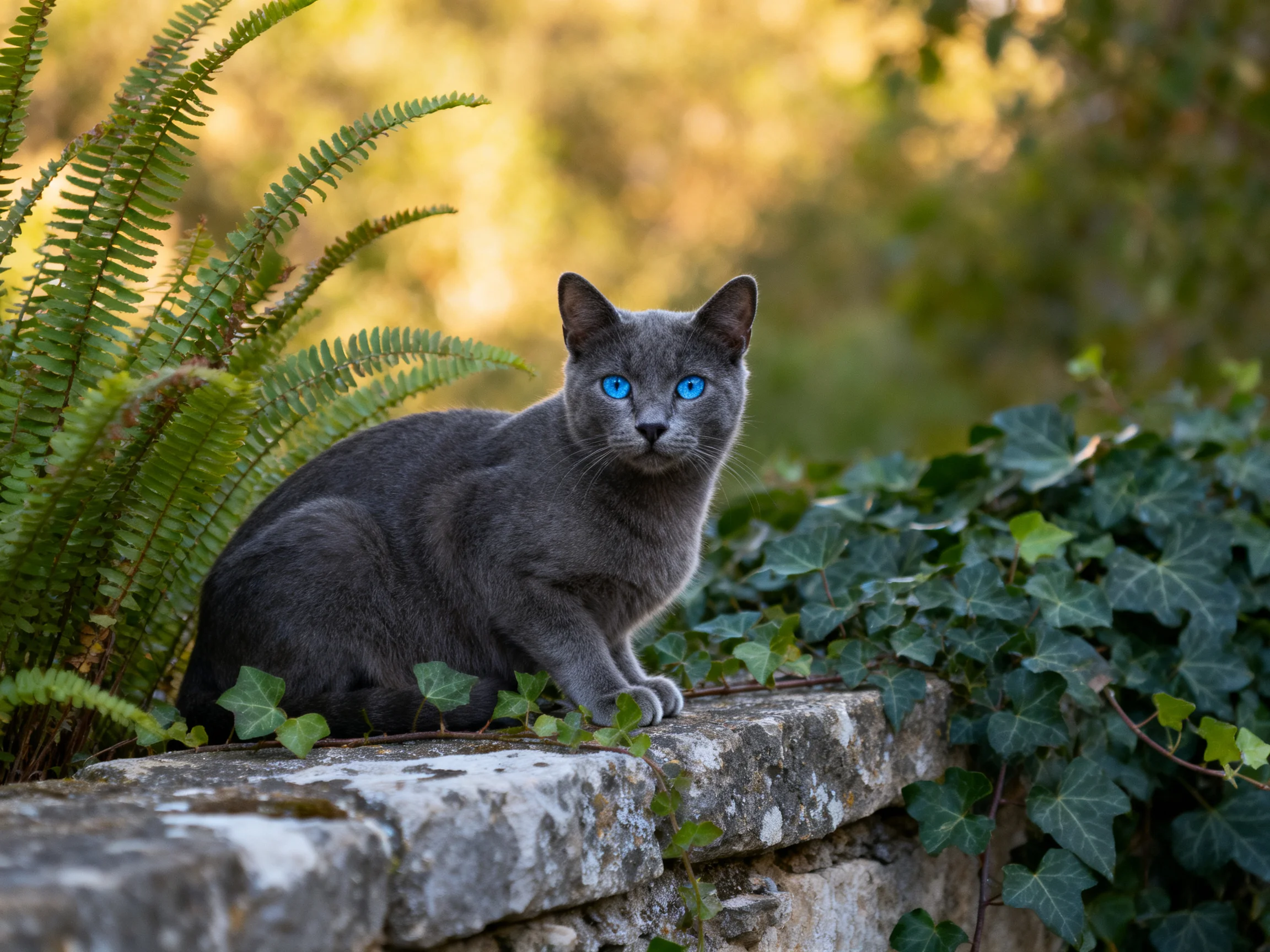 A gray cat with blue eyes rests near ferns and ivy on a stone ledge.