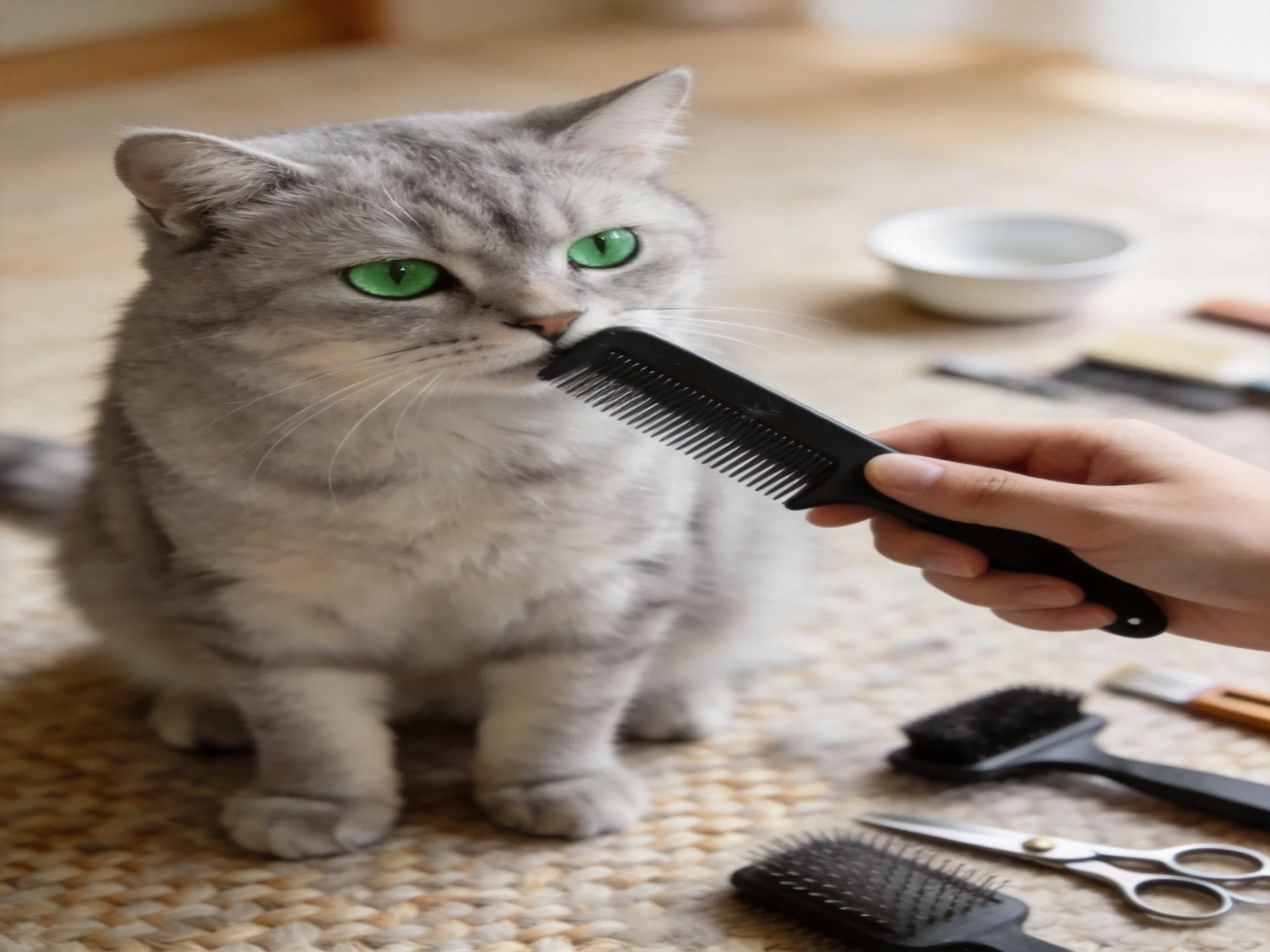 A gray cat with bright green eyes sits among grooming tools during a grooming session.