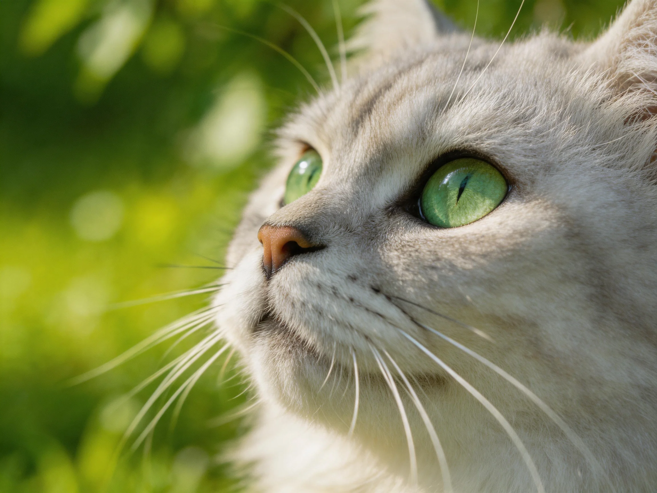 A gray cat with bright green eyes gazes toward lush green foliage
