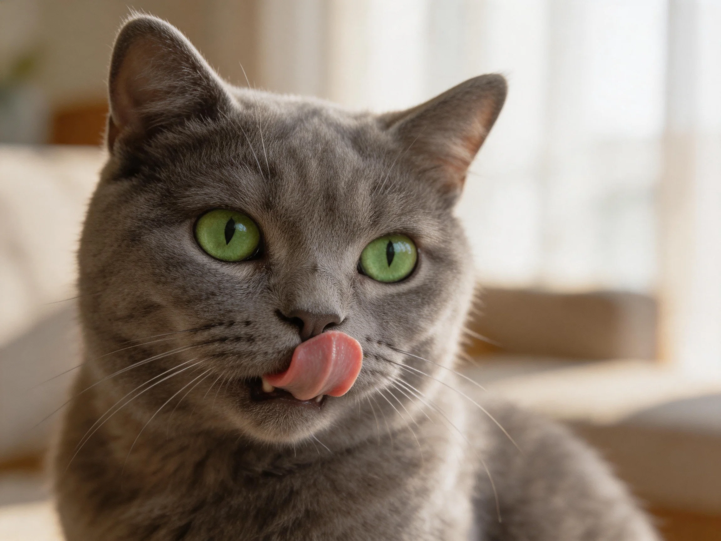 A gray cat with bright green eyes licks its mouth indoors