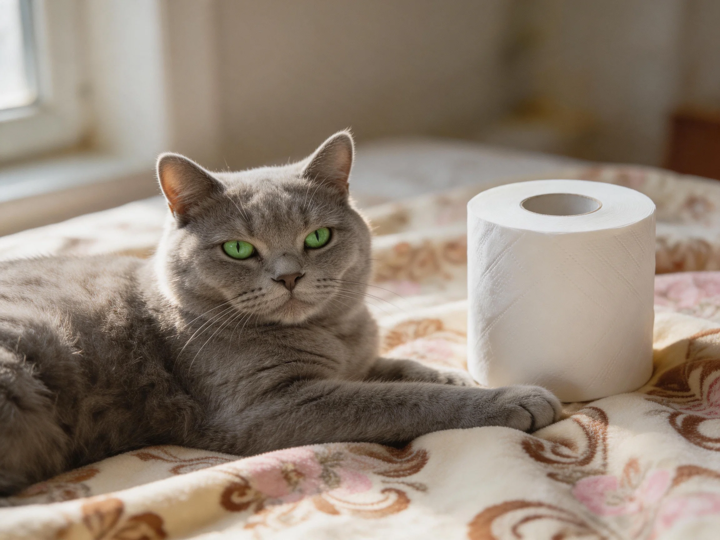 A gray cat with green eyes rests beside a toilet paper roll on a bedspread.