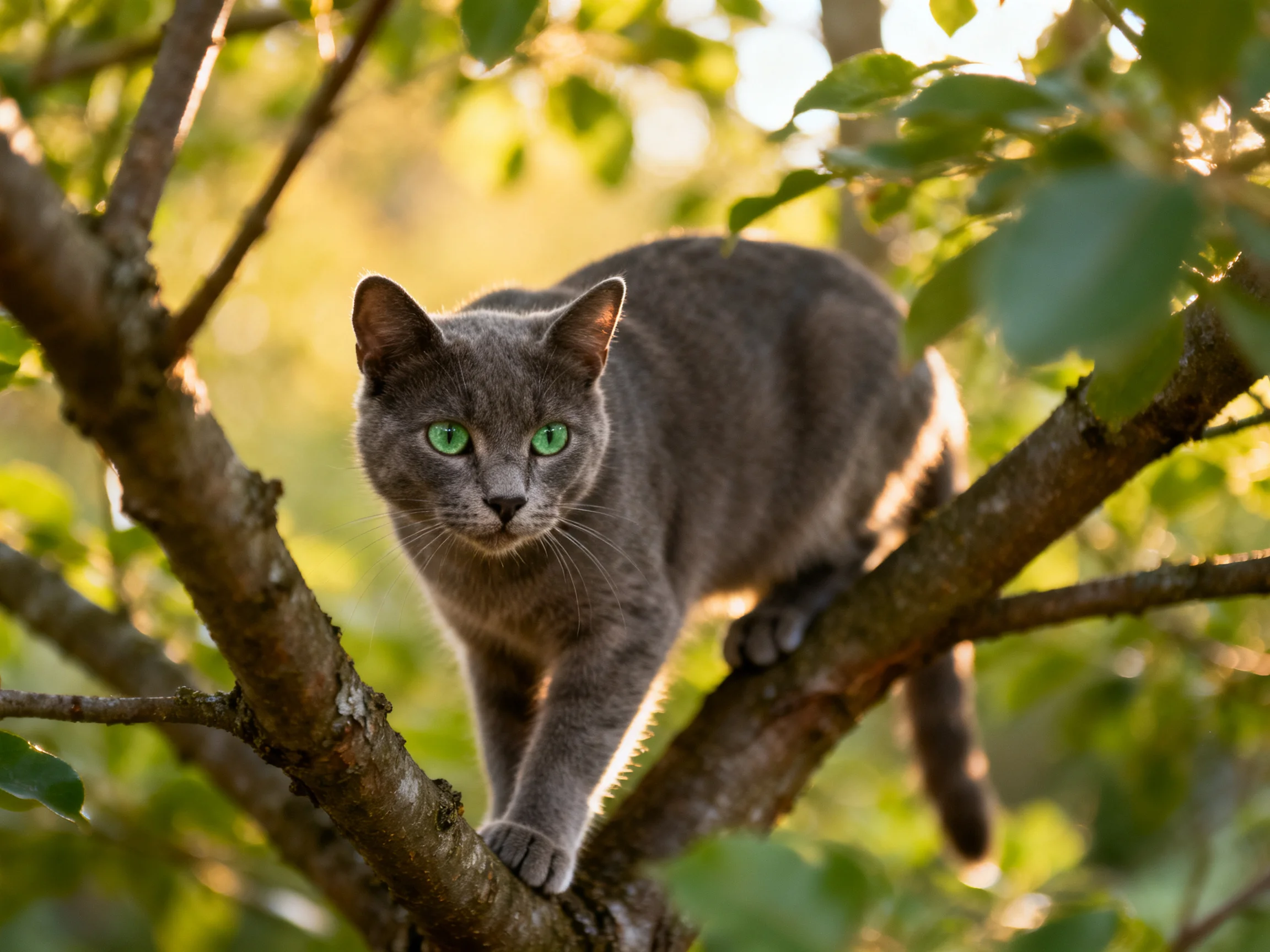 A gray cat with green eyes climbs on tree branches amid lush foliage.
